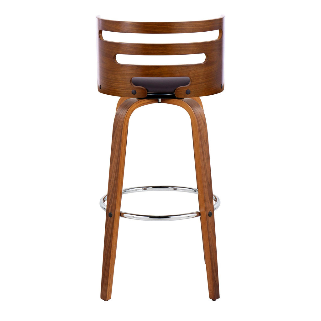 Cosini 30" Fixed-Height Barstool - Set of 2 - Walnut Wood, Brown PU, Chrome Metal