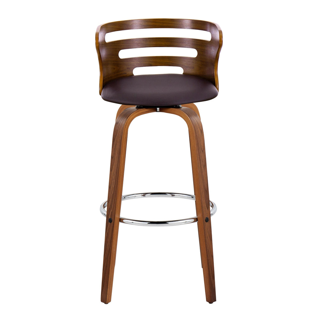 Cosini 30" Fixed-Height Barstool - Set of 2 - Walnut Wood, Brown PU, Chrome Metal