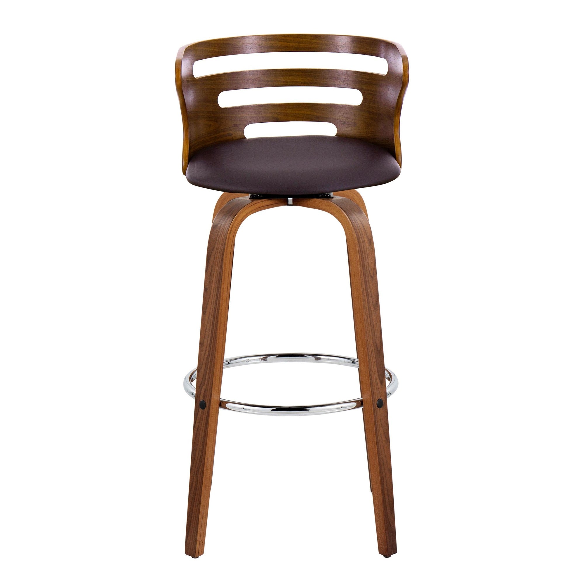 Cosini 30" Fixed-Height Barstool - Set of 2 - Walnut Wood, Brown PU, Chrome Metal