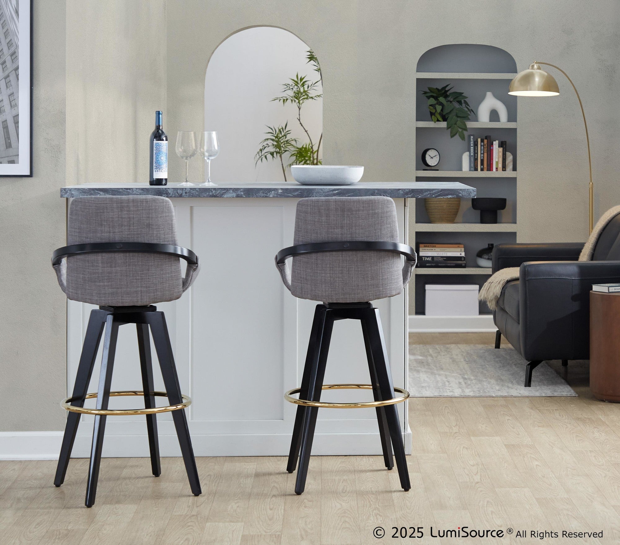 Cosmo 30" Fixed-Height Barstool - Set of 2 - Black Wood, Grey Fabric, Gold Metal