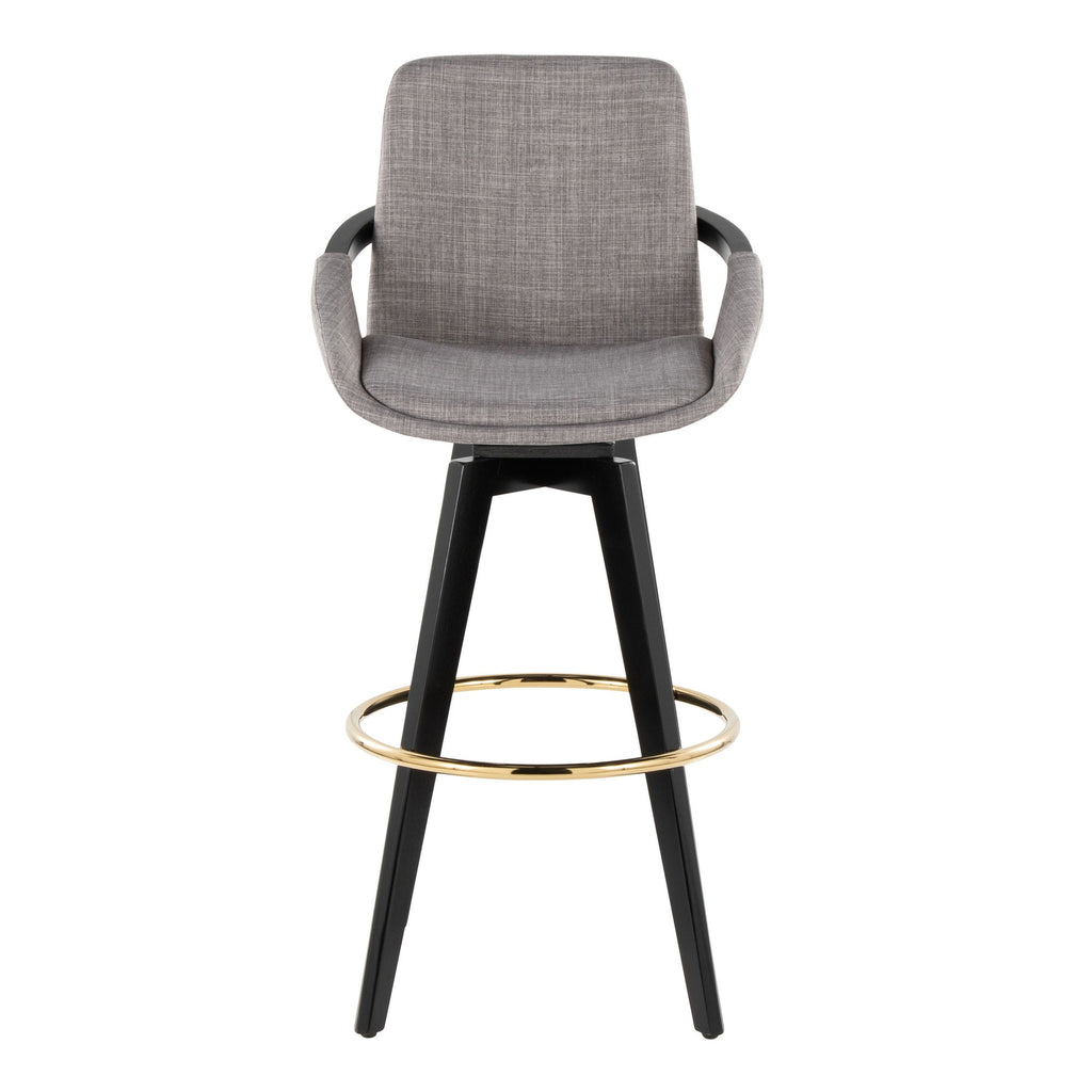 Cosmo 30" Fixed-Height Barstool - Set of 2 - Black Wood, Grey Fabric, Gold Metal