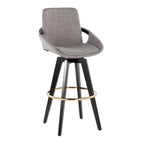 Cosmo 30" Fixed-Height Barstool - Set of 2 - Black Wood, Grey Fabric, Gold Metal