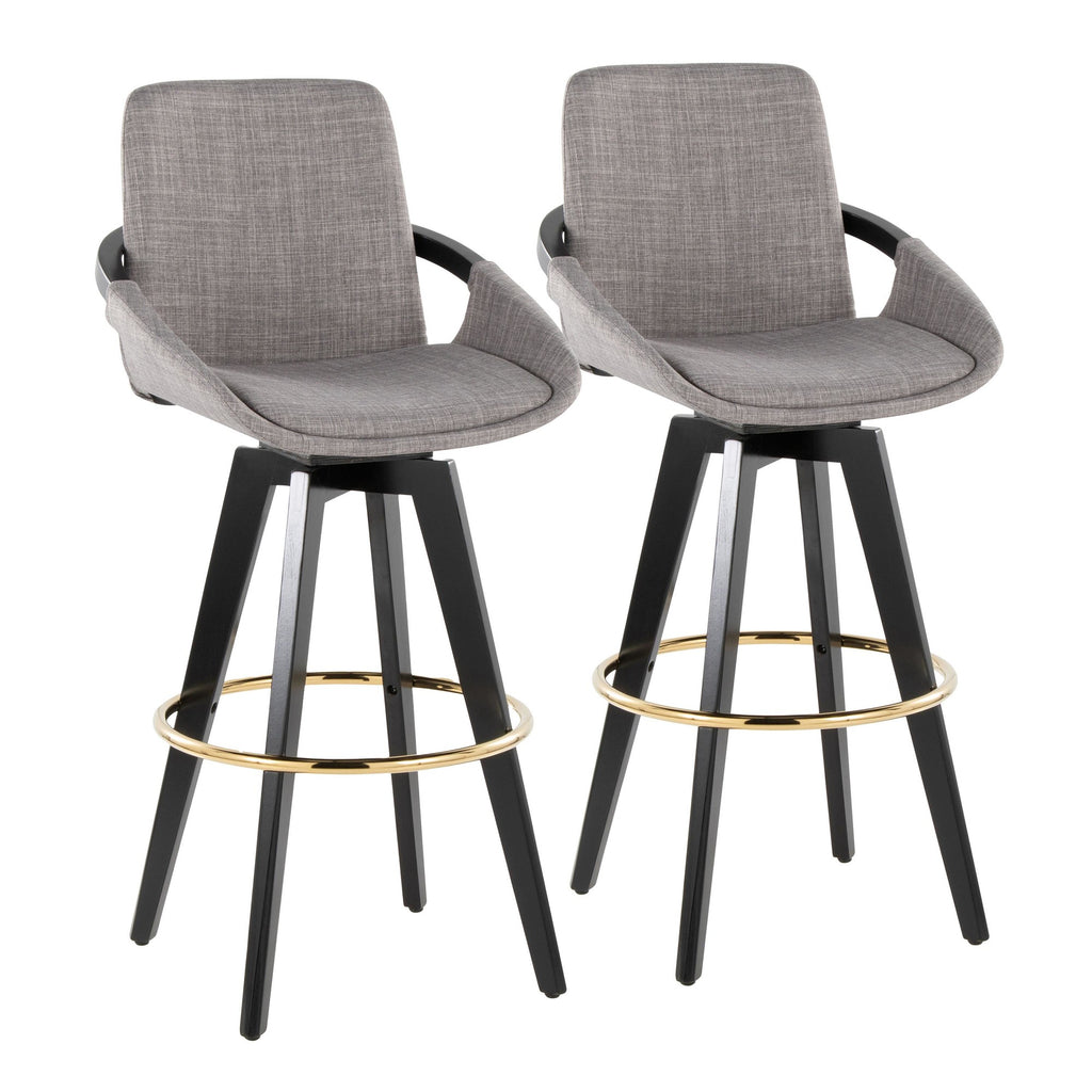 Cosmo 30" Fixed-Height Barstool - Set of 2 - Black Wood, Grey Fabric, Gold Metal