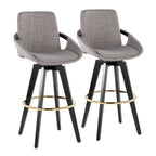 Cosmo 30" Fixed-Height Barstool - Set of 2 - Black Wood, Grey Fabric, Gold Metal