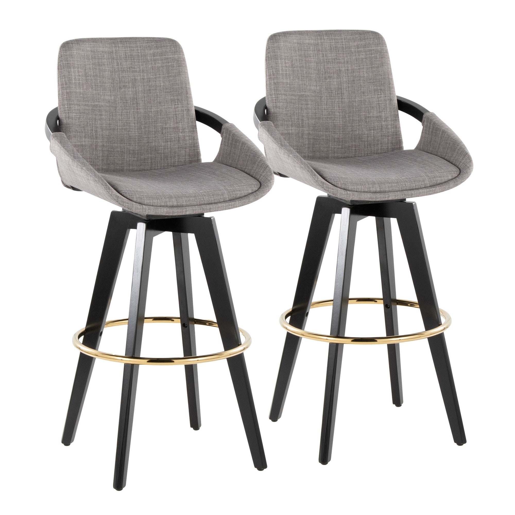 Cosmo 30" Fixed-Height Barstool - Set of 2 - Black Wood, Grey Fabric, Gold Metal