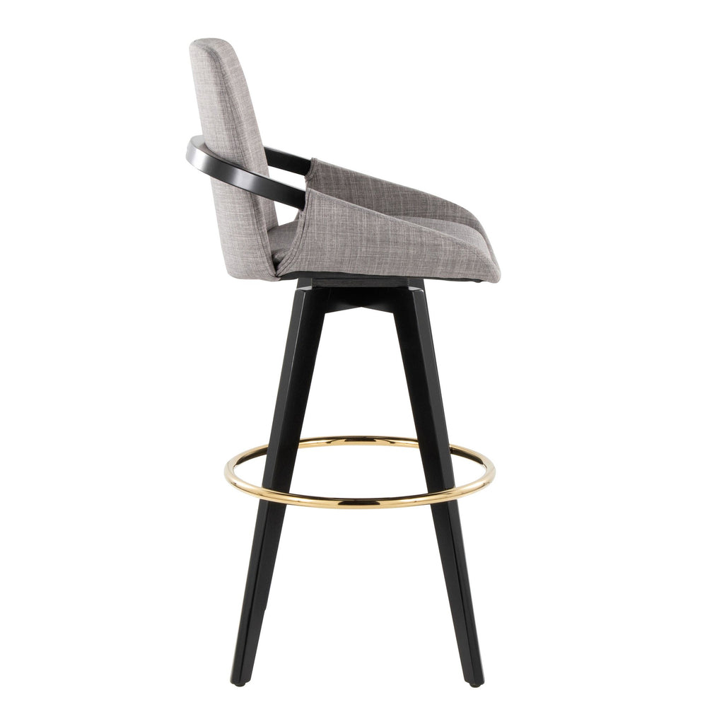 Cosmo 30" Fixed-Height Barstool - Set of 2 - Black Wood, Grey Fabric, Gold Metal