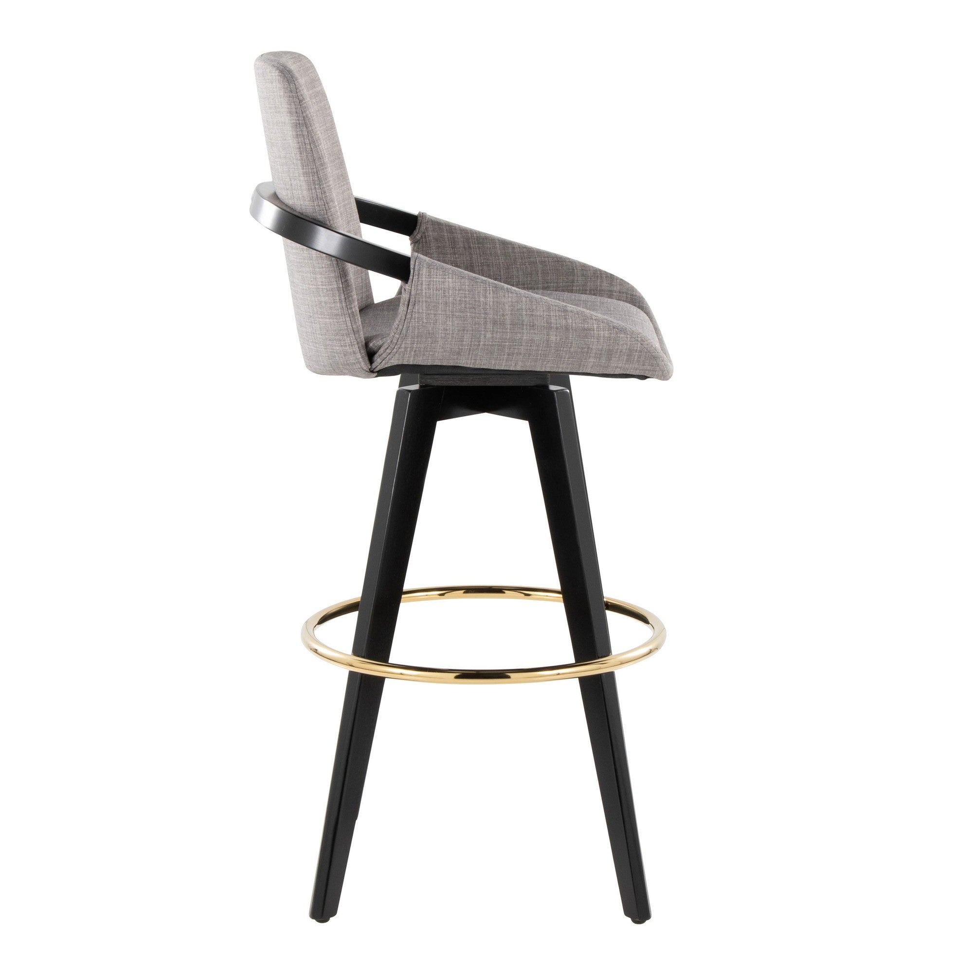 Cosmo 30" Fixed-Height Barstool - Set of 2 - Black Wood, Grey Fabric, Gold Metal