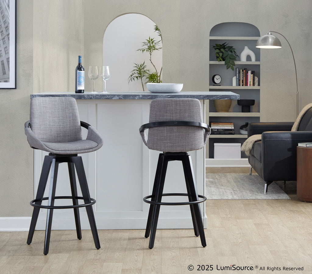 Cosmo 30" Fixed-Height Barstool - Set of 2 - Black Wood, Grey Fabric, Black Metal