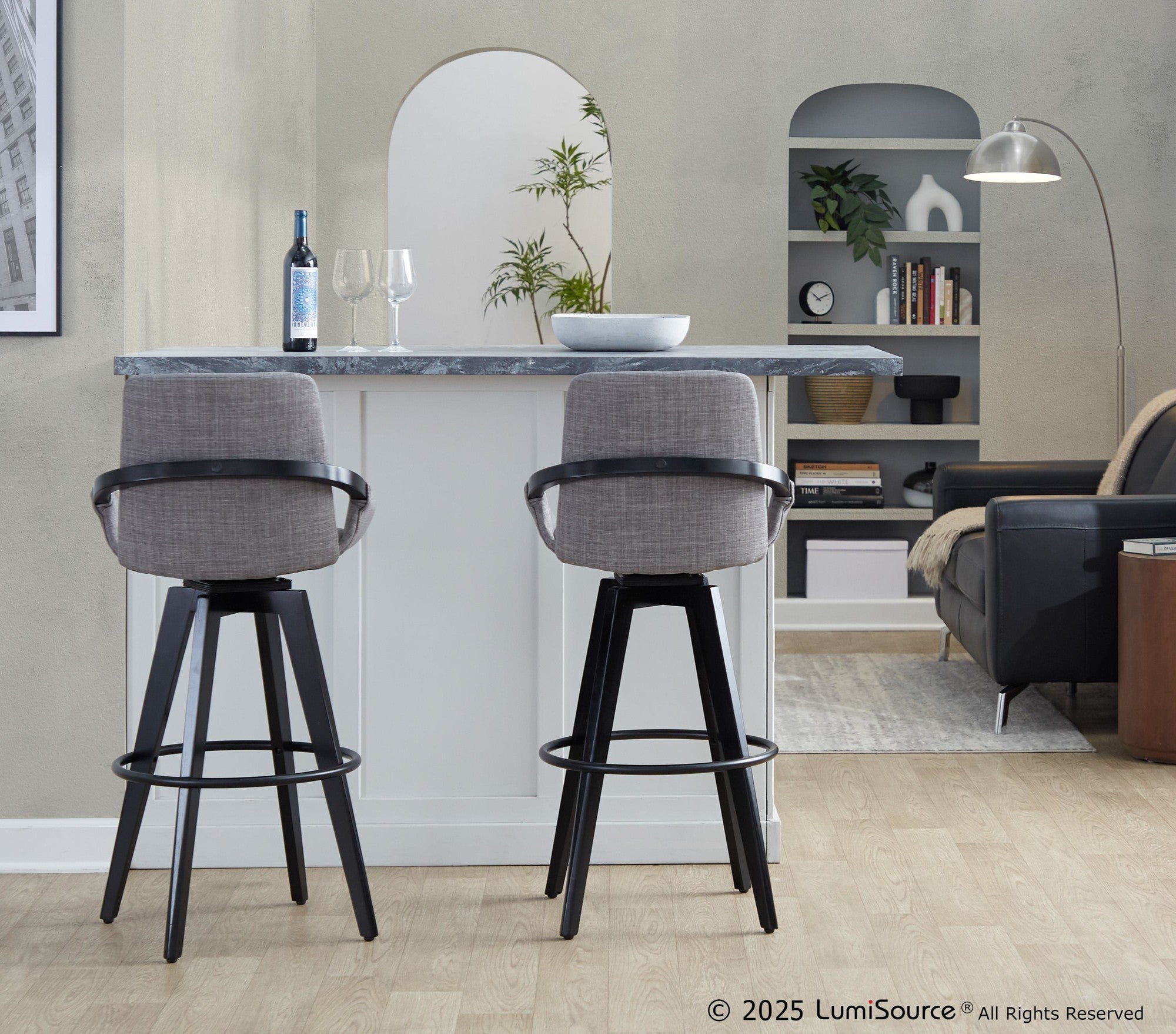 Cosmo 30" Fixed-Height Barstool - Set of 2 - Black Wood, Grey Fabric, Black Metal