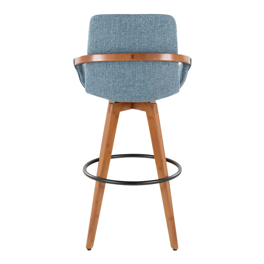 Cosmo 29" Fixed-Height Barstool - Walnut Bamboo, Blue Noise Fabric, Black Metal