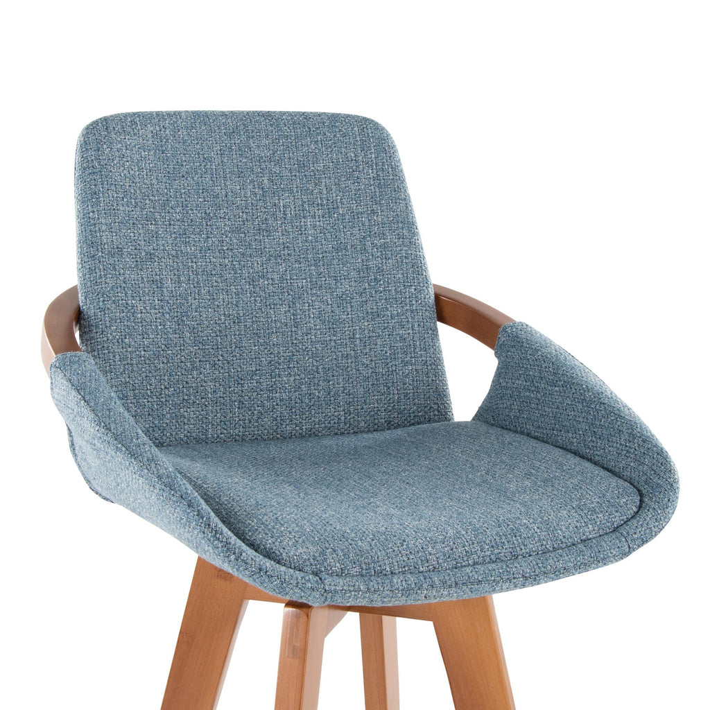 Cosmo 29" Fixed-Height Barstool - Walnut Bamboo, Blue Noise Fabric, Black Metal