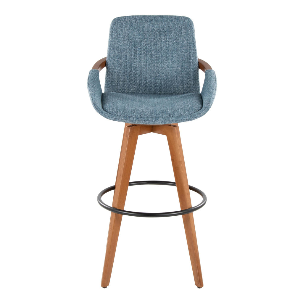 Cosmo 29" Fixed-Height Barstool - Walnut Bamboo, Blue Noise Fabric, Black Metal