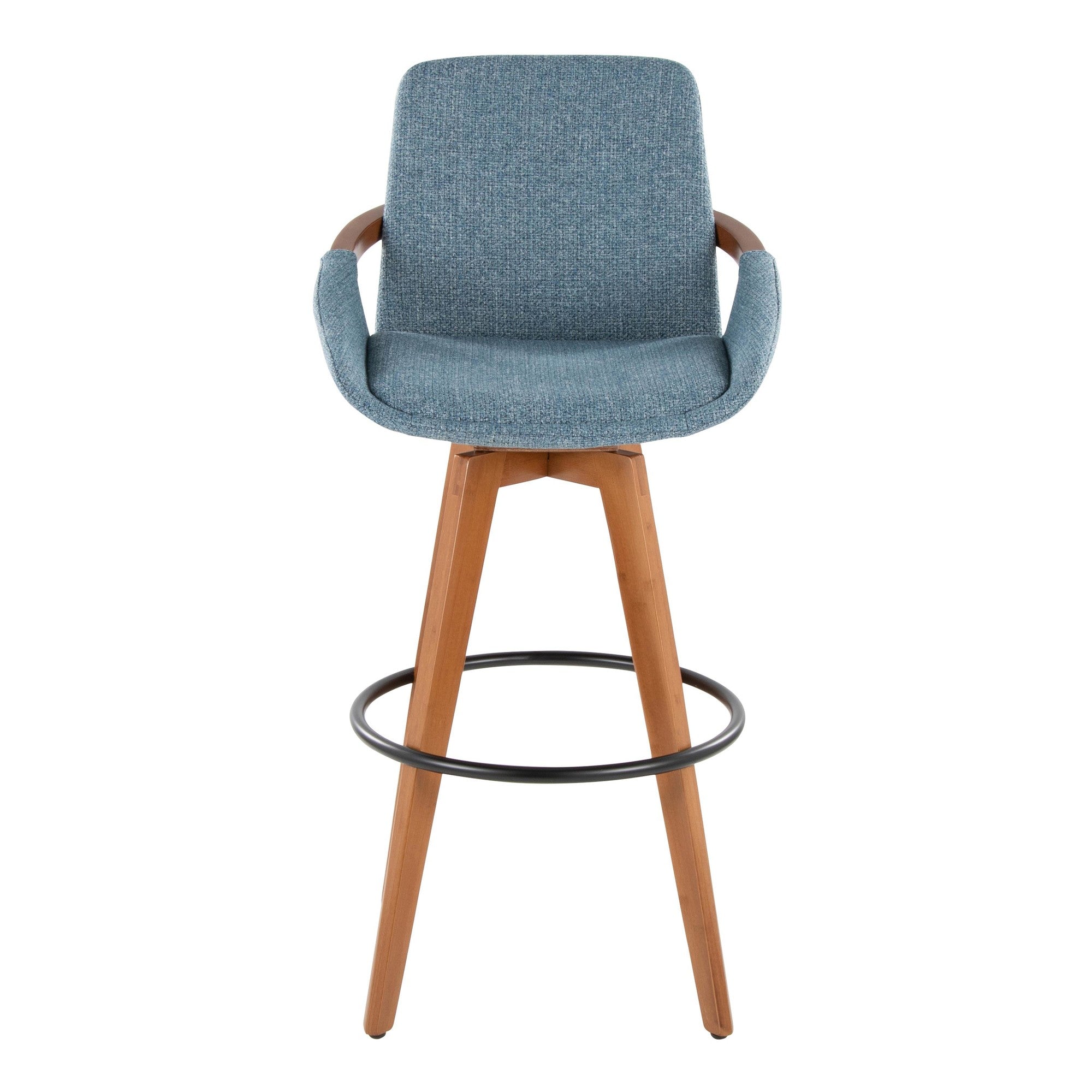 Cosmo 29" Fixed-Height Barstool - Walnut Bamboo, Blue Noise Fabric, Black Metal