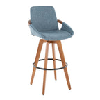 Cosmo 29" Fixed-Height Barstool - Walnut Bamboo, Blue Noise Fabric, Black Metal