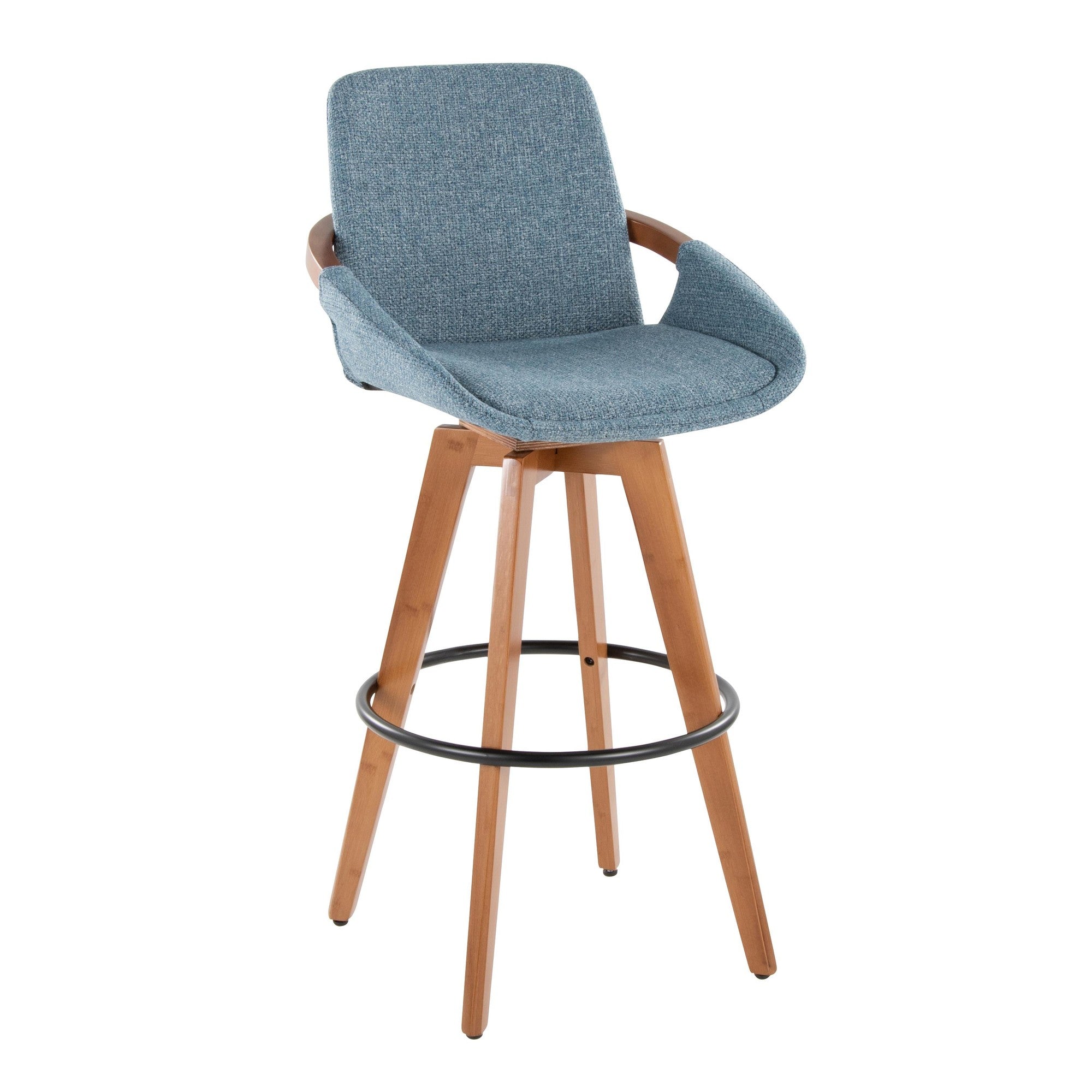 Cosmo 29" Fixed-Height Barstool - Walnut Bamboo, Blue Noise Fabric, Black Metal