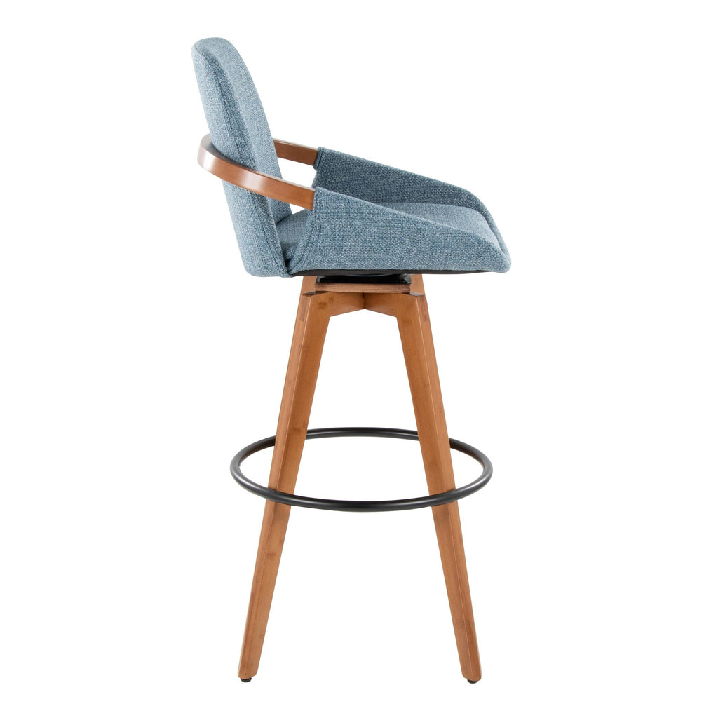 Cosmo 29" Fixed-Height Barstool - Walnut Bamboo, Blue Noise Fabric, Black Metal