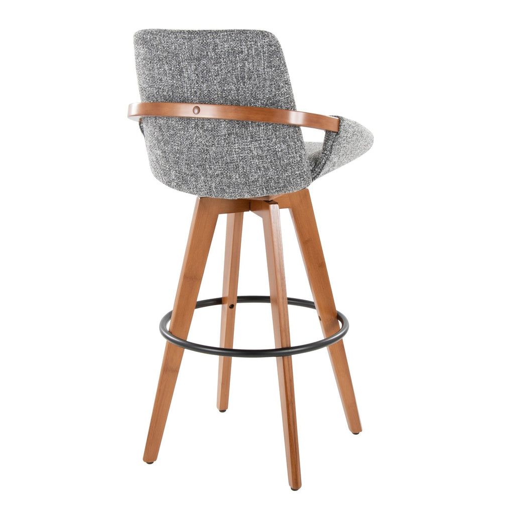 Cosmo 29" Fixed-Height Barstool - Walnut Bamboo, Grey Noise Fabric, Black Metal