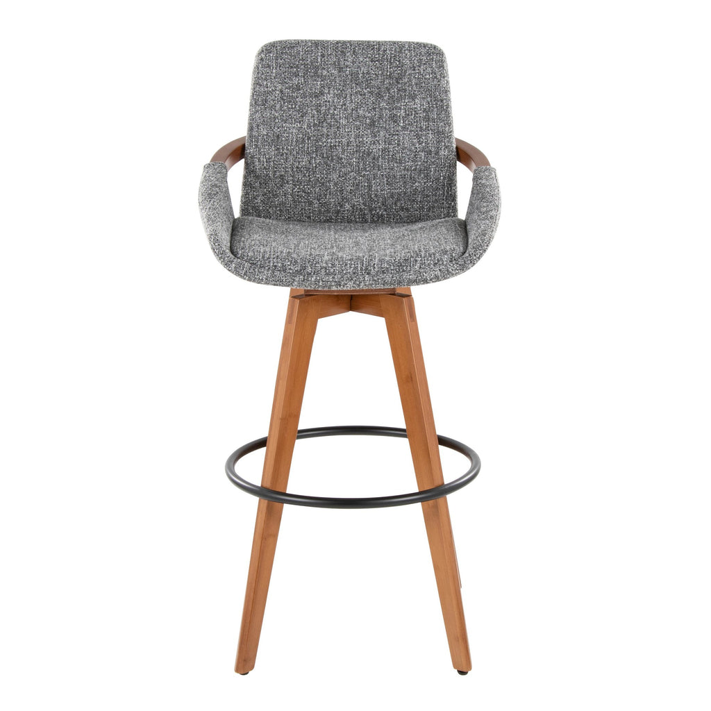 Cosmo 29" Fixed-Height Barstool - Walnut Bamboo, Grey Noise Fabric, Black Metal