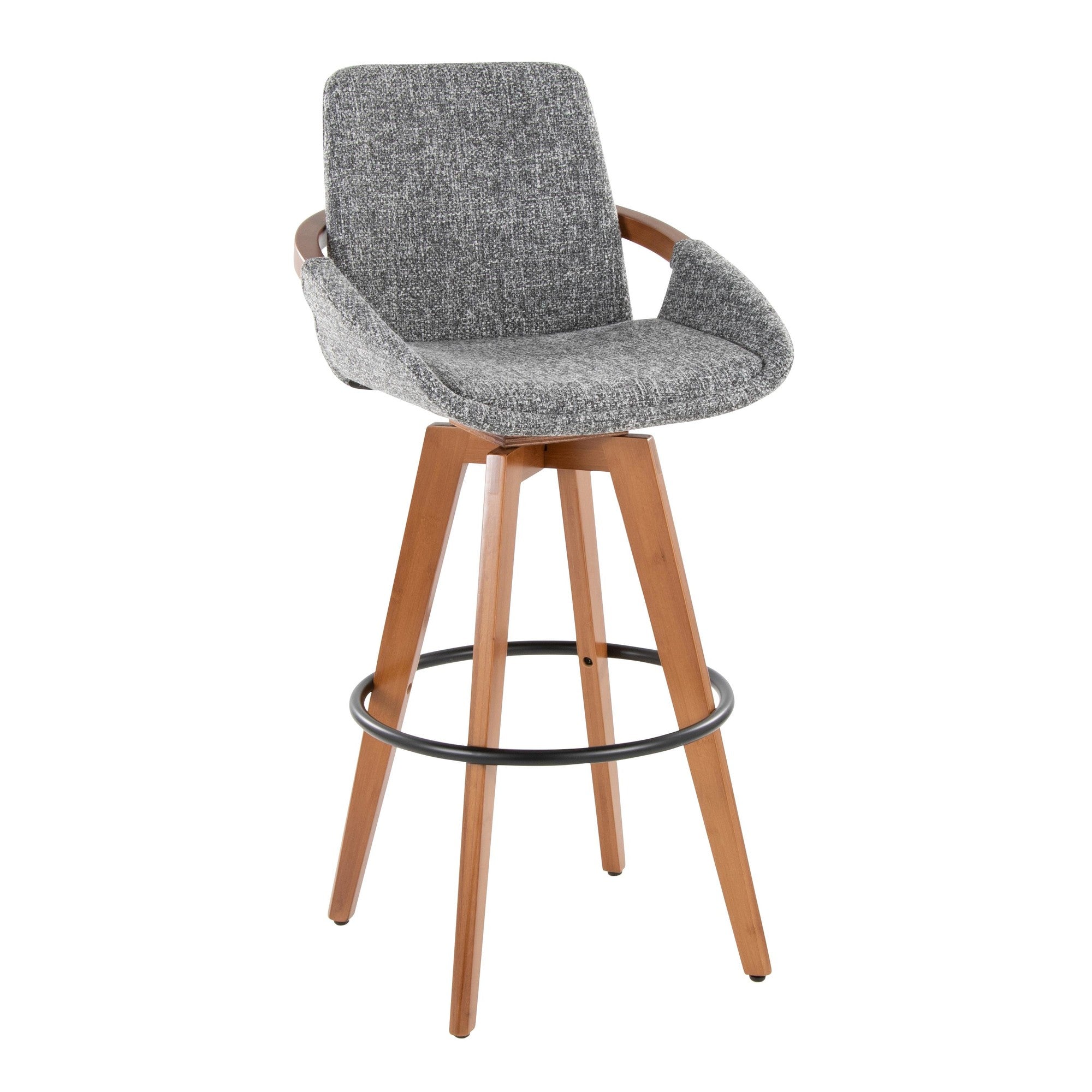 Cosmo 29" Fixed-Height Barstool - Walnut Bamboo, Grey Noise Fabric, Black Metal