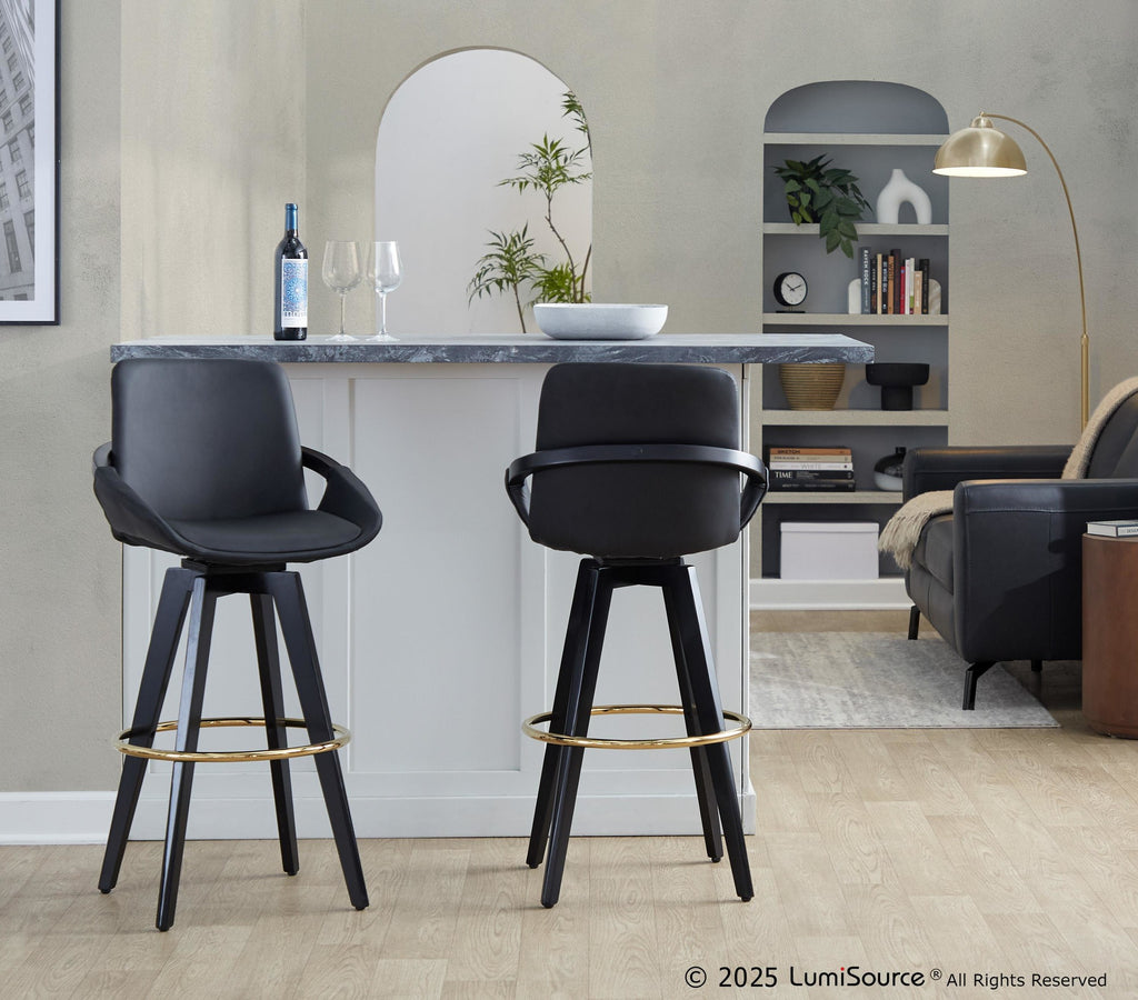 Cosmo 30" Fixed-Height Barstool - Set of 2 - Black Wood, Black PU, Gold Metal