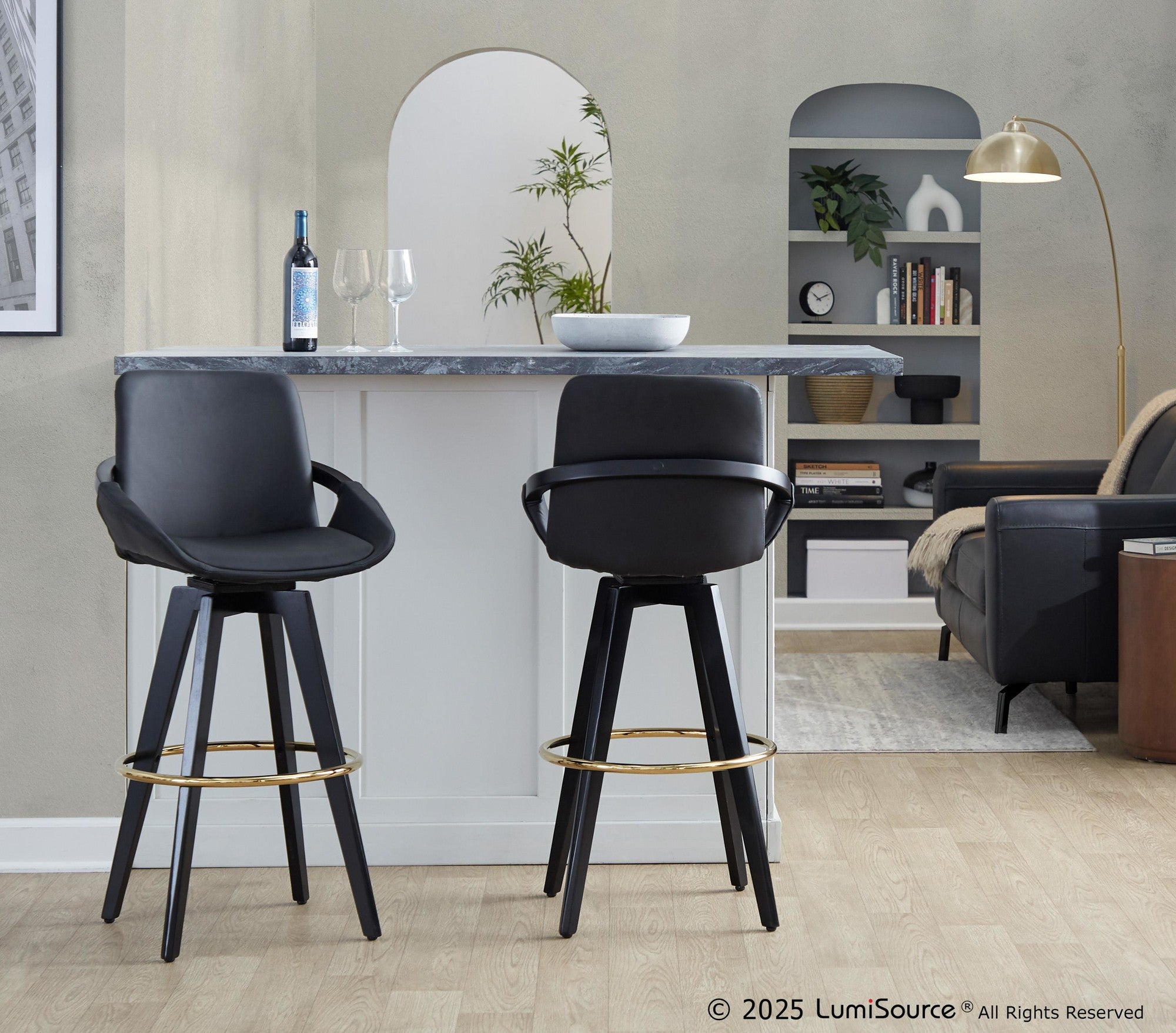 Cosmo 30" Fixed-Height Barstool - Set of 2 - Black Wood, Black PU, Gold Metal