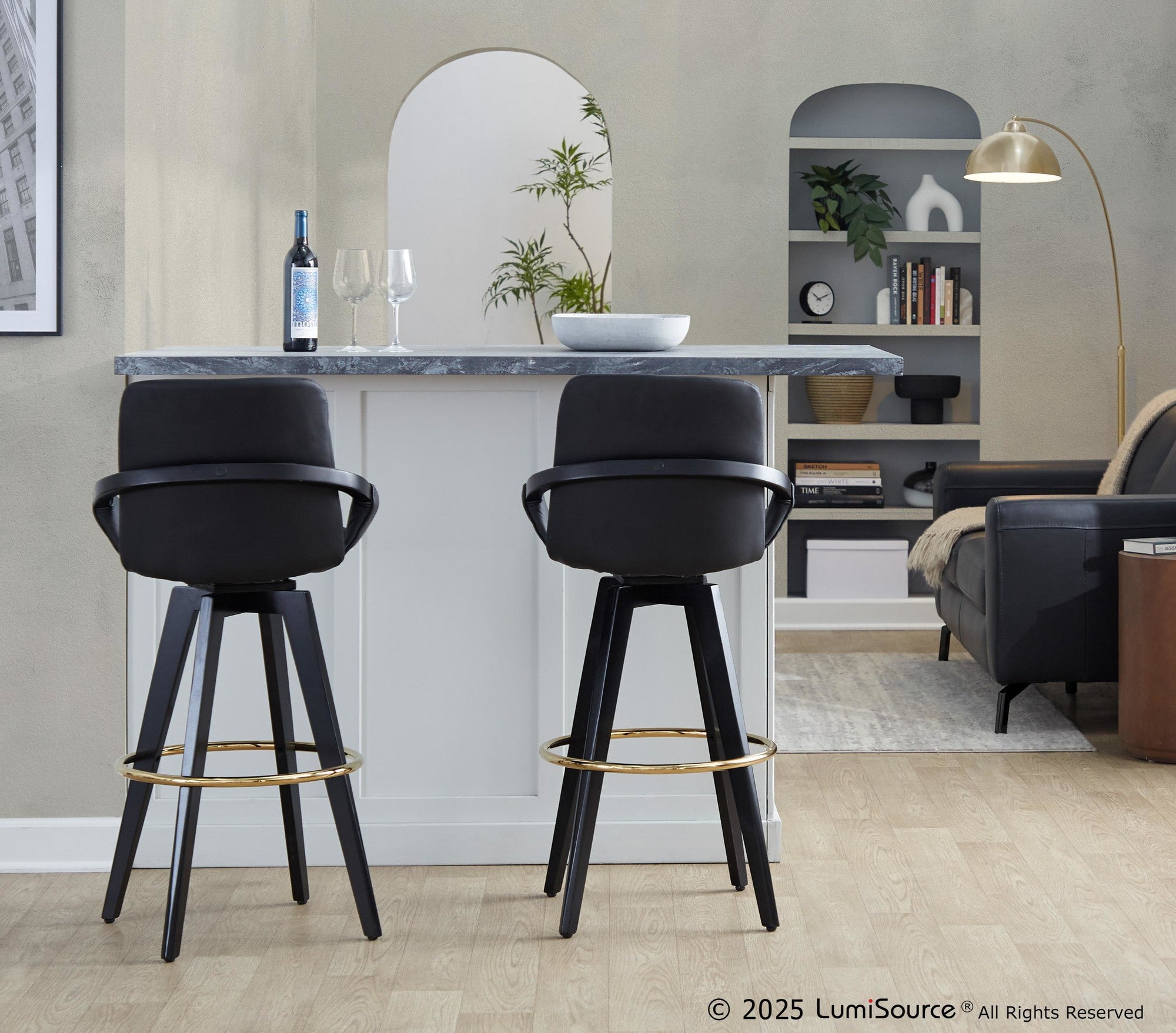 Cosmo 30" Fixed-Height Barstool - Set of 2 - Black Wood, Black PU, Gold Metal