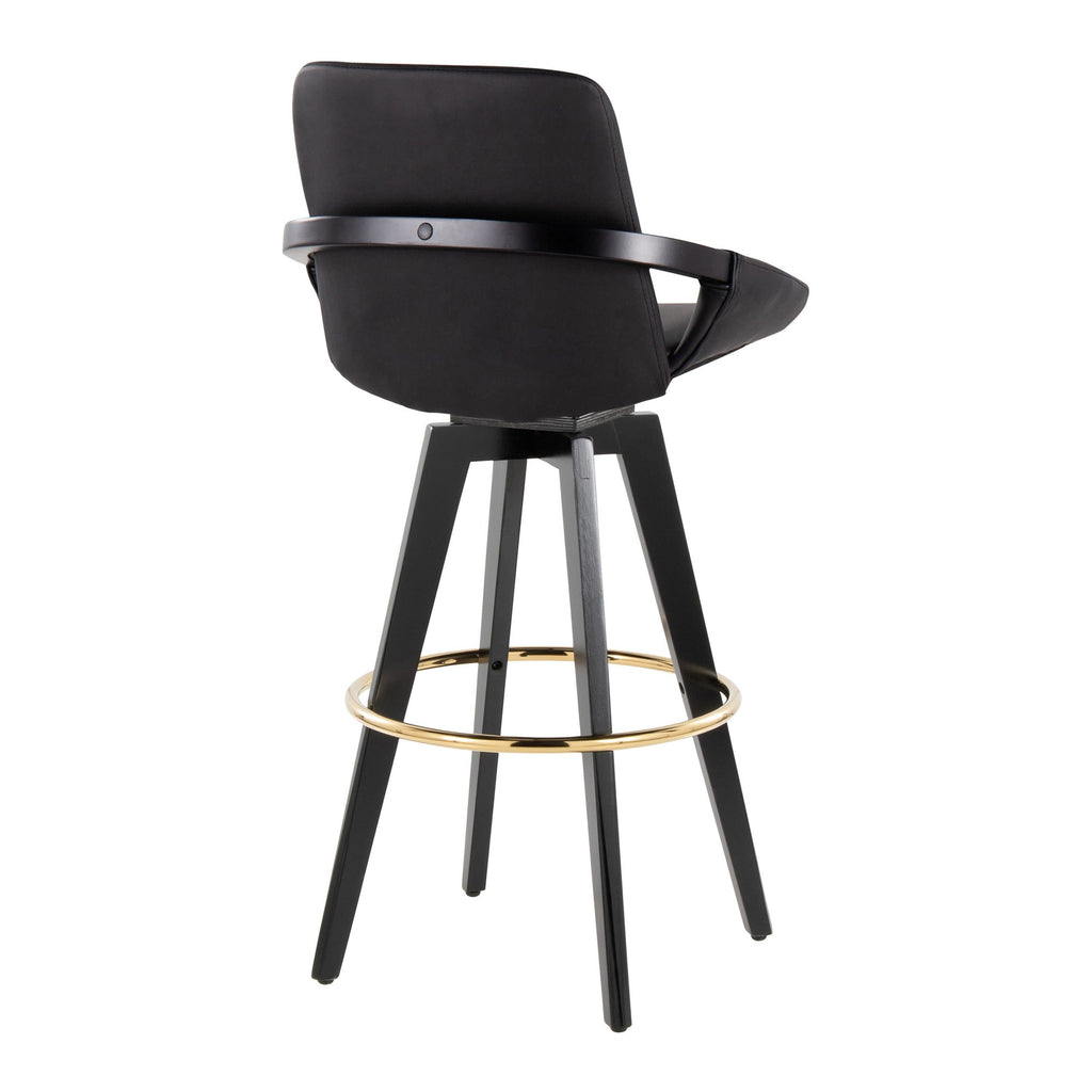 Cosmo 30" Fixed-Height Barstool - Set of 2 - Black Wood, Black PU, Gold Metal