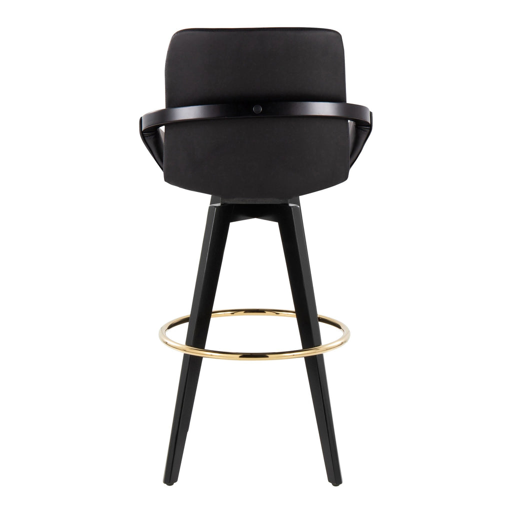 Cosmo 30" Fixed-Height Barstool - Set of 2 - Black Wood, Black PU, Gold Metal