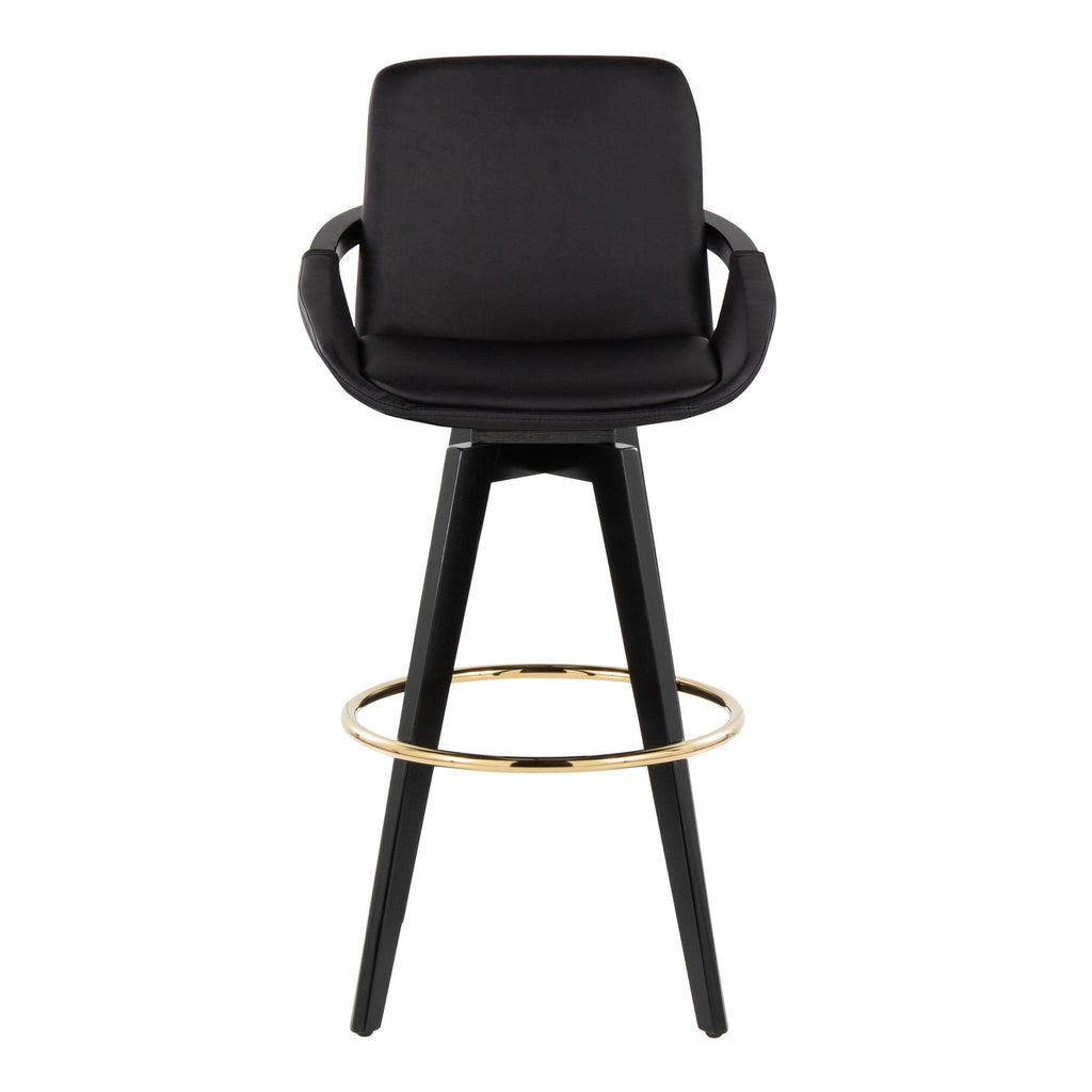 Cosmo 30" Fixed-Height Barstool - Set of 2 - Black Wood, Black PU, Gold Metal