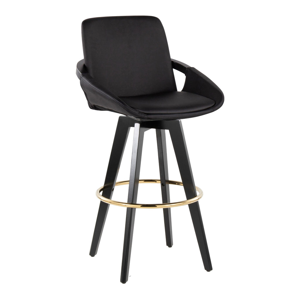 Cosmo 30" Fixed-Height Barstool - Set of 2 - Black Wood, Black PU, Gold Metal