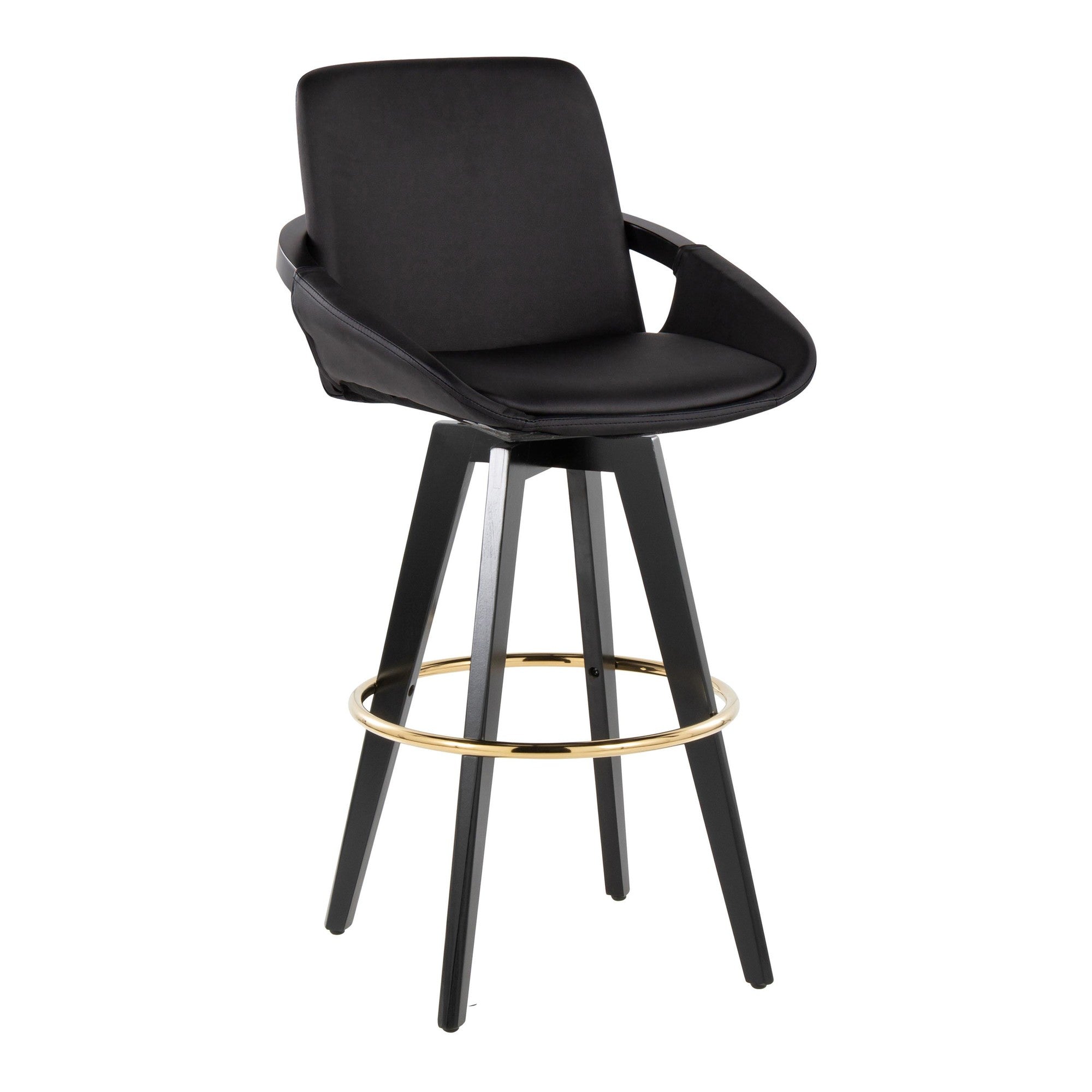 Cosmo 30" Fixed-Height Barstool - Set of 2 - Black Wood, Black PU, Gold Metal