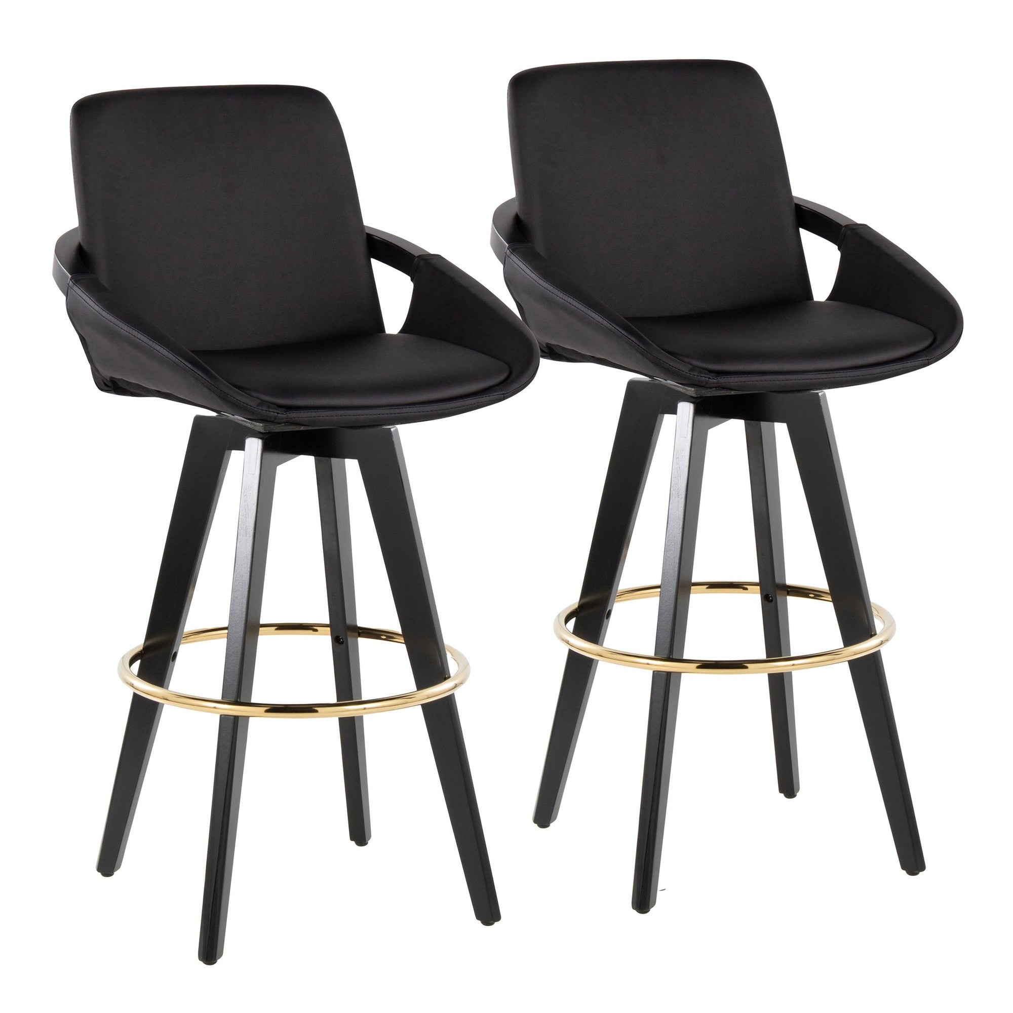 Cosmo 30" Fixed-Height Barstool - Set of 2 - Black Wood, Black PU, Gold Metal
