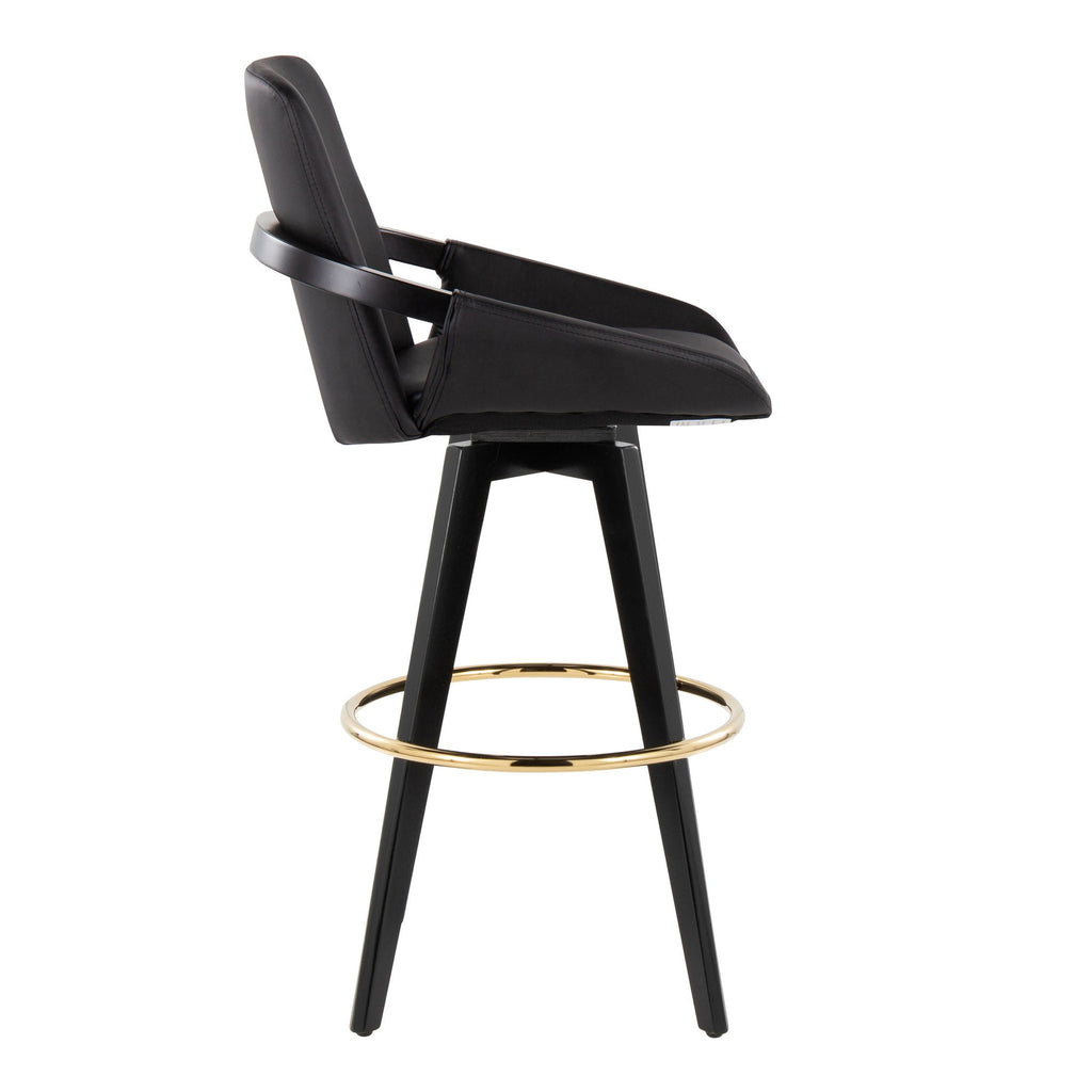 Cosmo 30" Fixed-Height Barstool - Set of 2 - Black Wood, Black PU, Gold Metal
