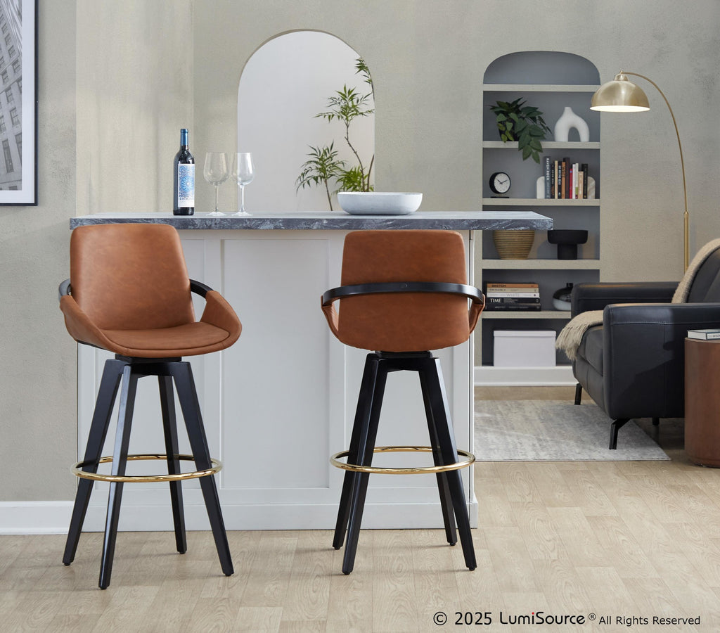 Cosmo 30" Fixed-Height Barstool - Set of 2 - Black Wood, Camel PU, Gold Metal