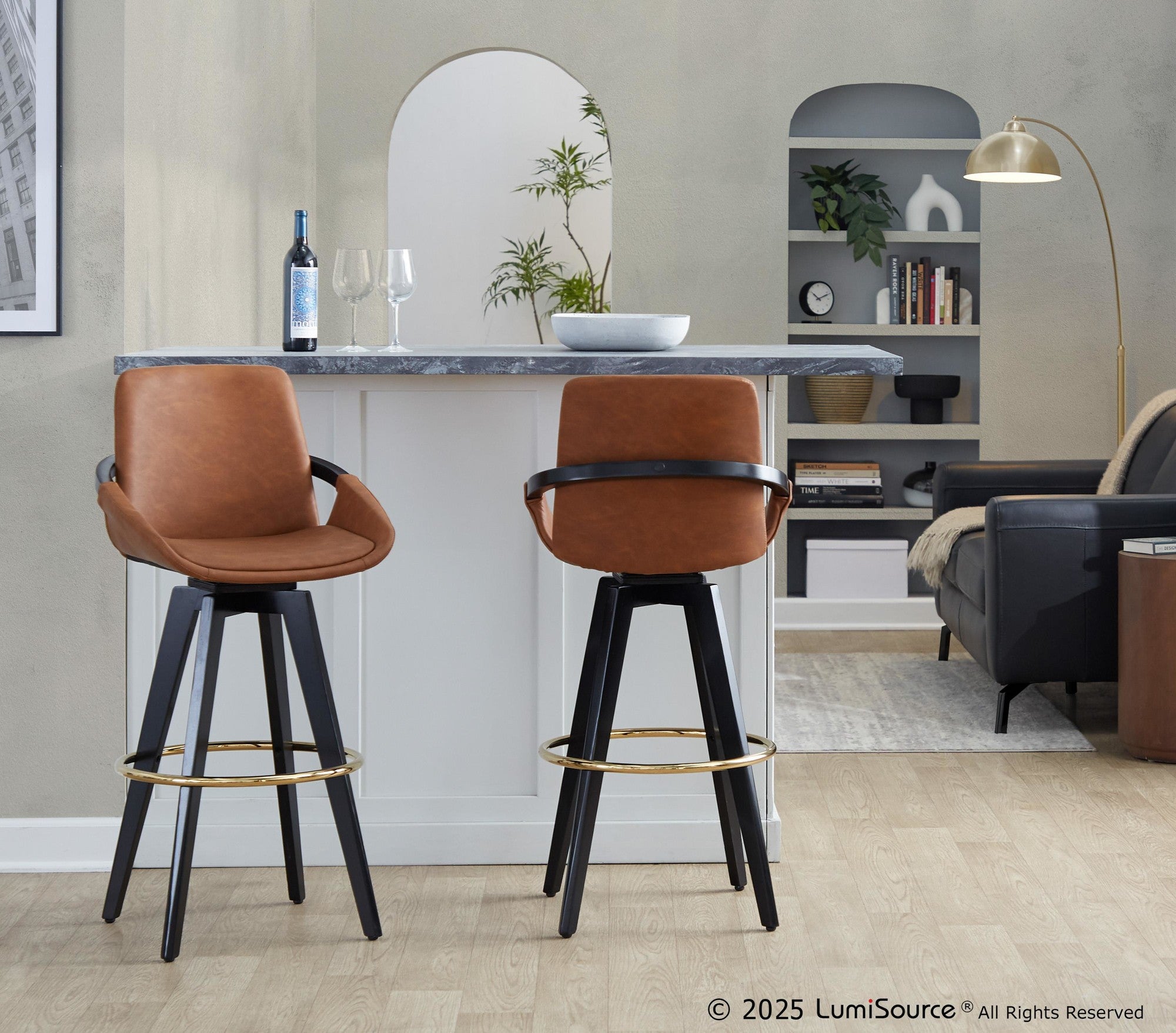 Cosmo 30" Fixed-Height Barstool - Set of 2 - Black Wood, Camel PU, Gold Metal