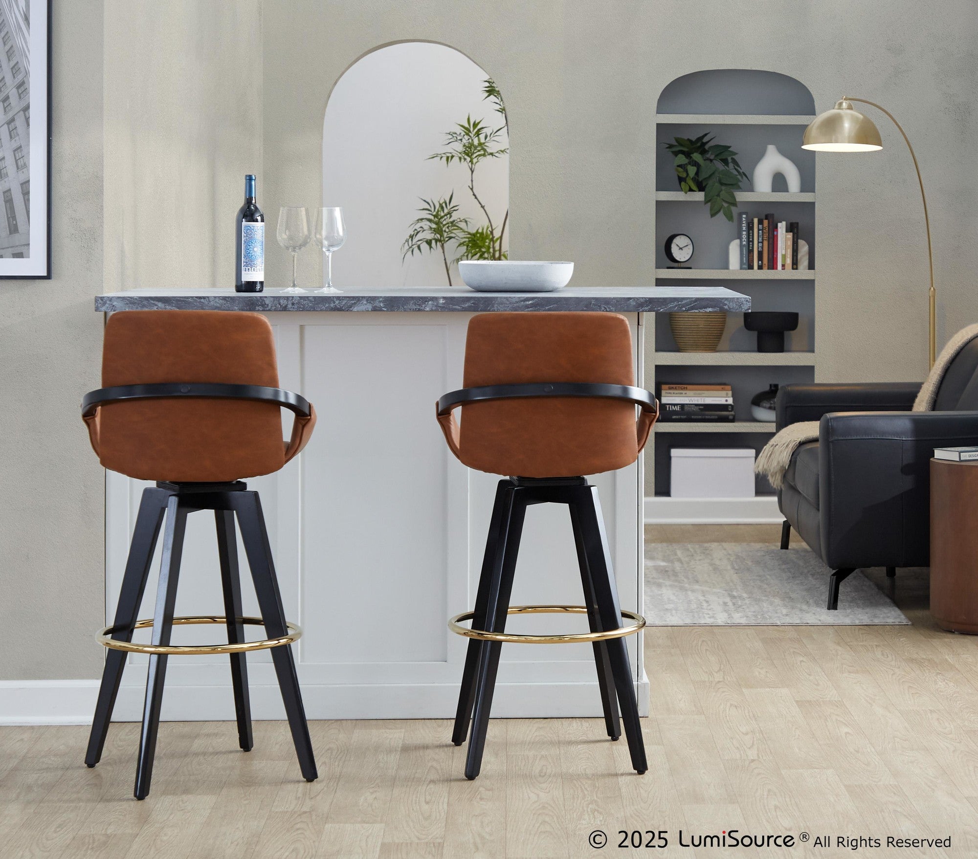 Cosmo 30" Fixed-Height Barstool - Set of 2 - Black Wood, Camel PU, Gold Metal