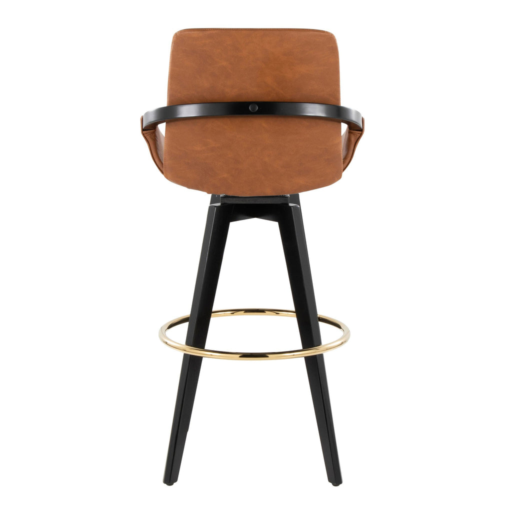 Cosmo 30" Fixed-Height Barstool - Set of 2 - Black Wood, Camel PU, Gold Metal