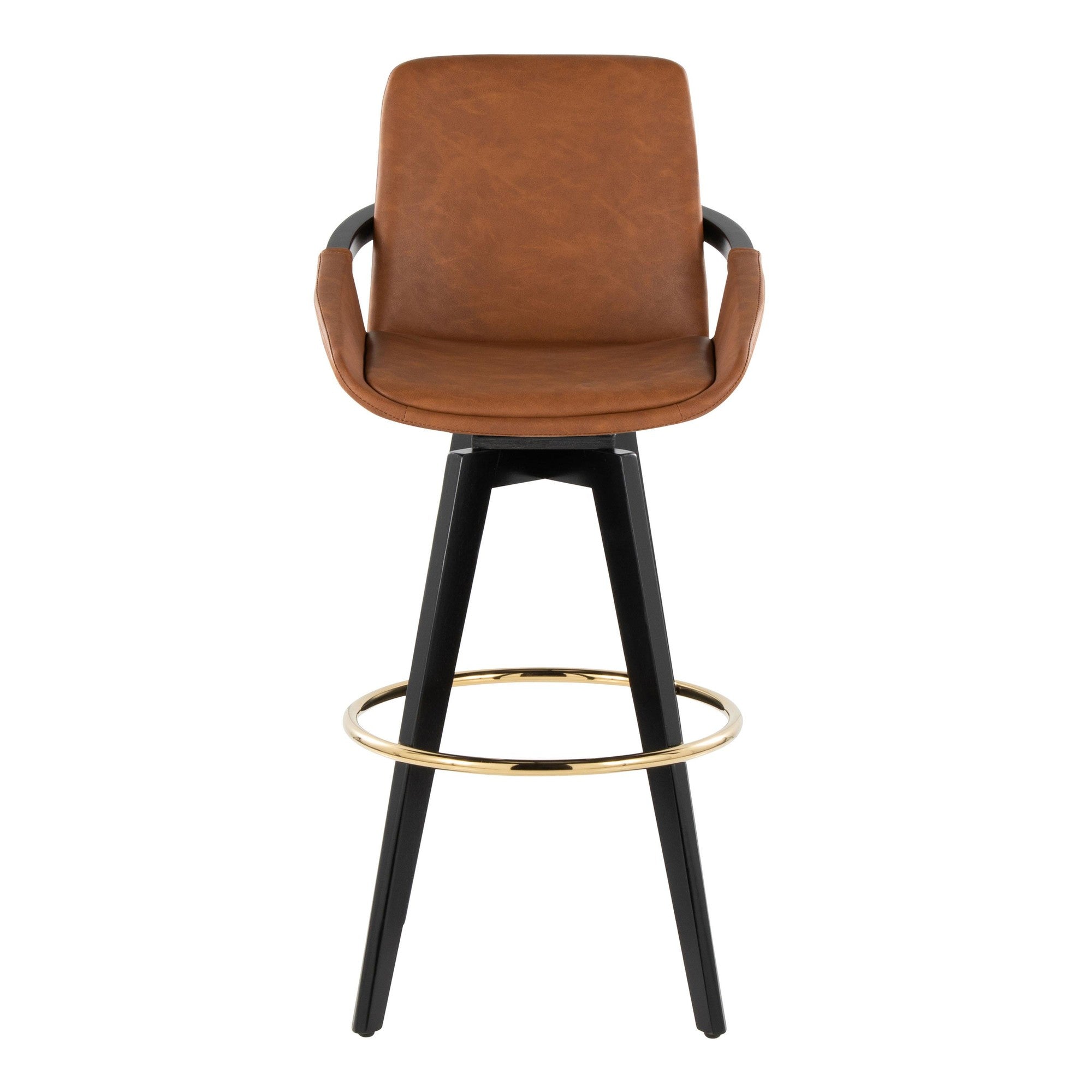 Cosmo 30" Fixed-Height Barstool - Set of 2 - Black Wood, Camel PU, Gold Metal