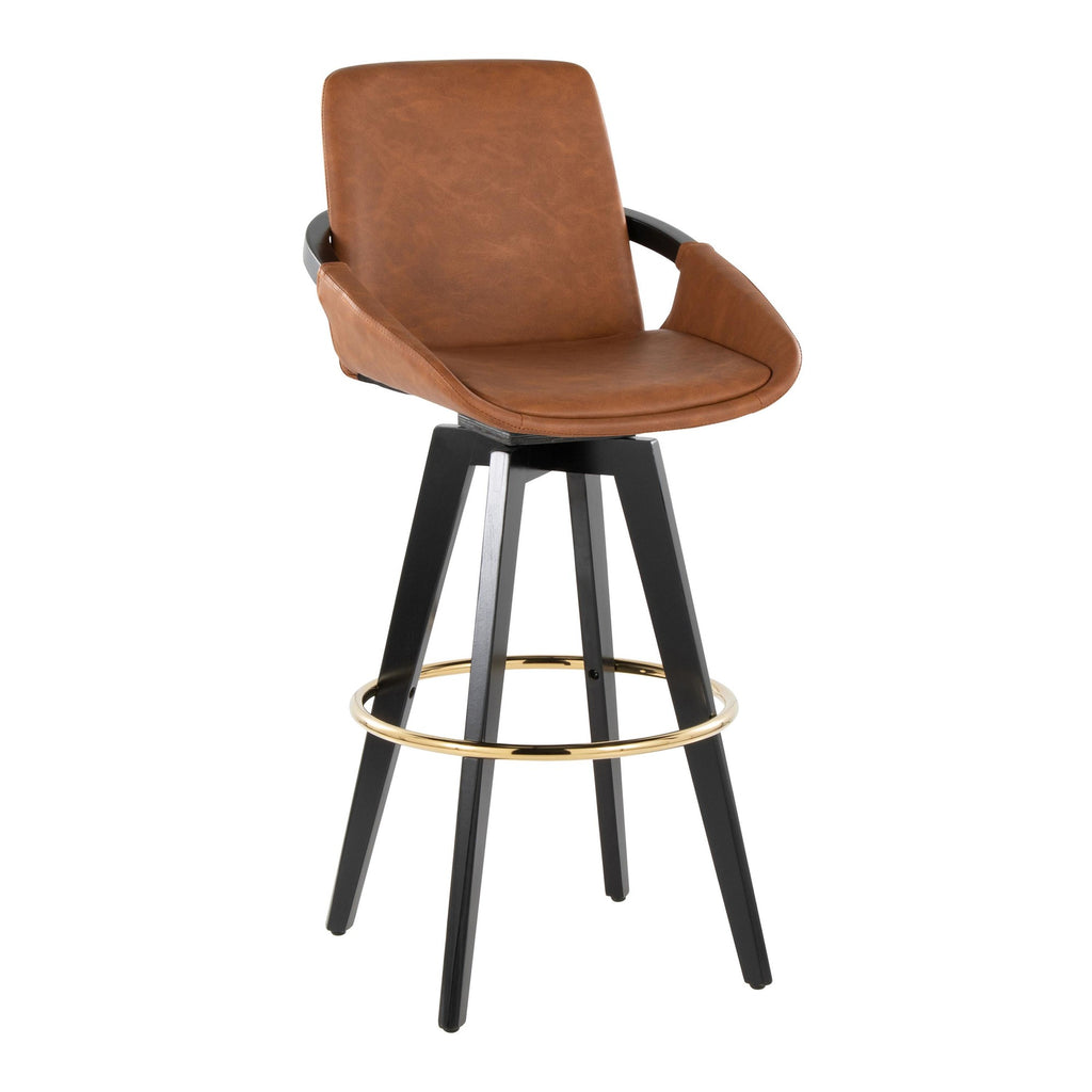 Cosmo 30" Fixed-Height Barstool - Set of 2 - Black Wood, Camel PU, Gold Metal