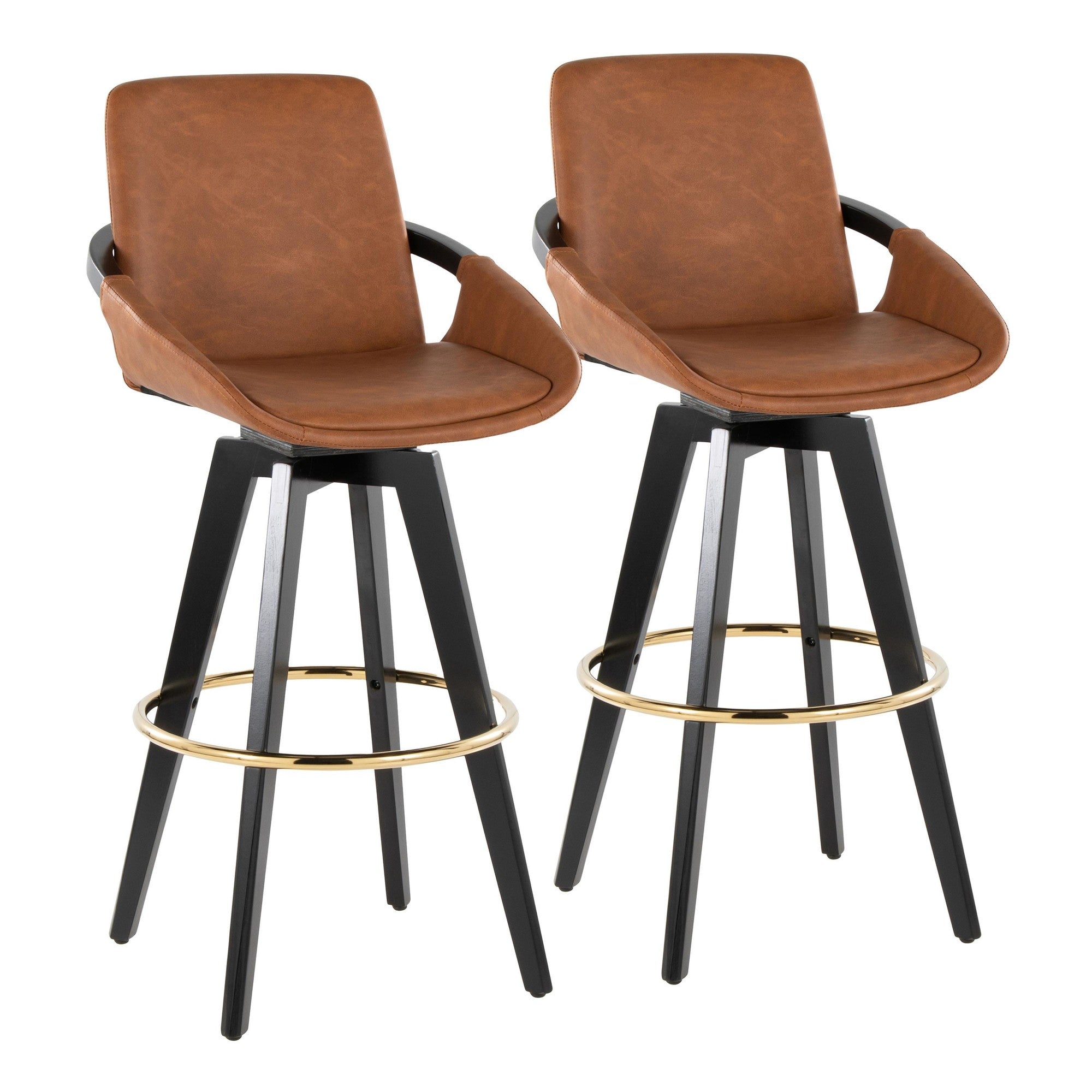 Cosmo 30" Fixed-Height Barstool - Set of 2 - Black Wood, Camel PU, Gold Metal