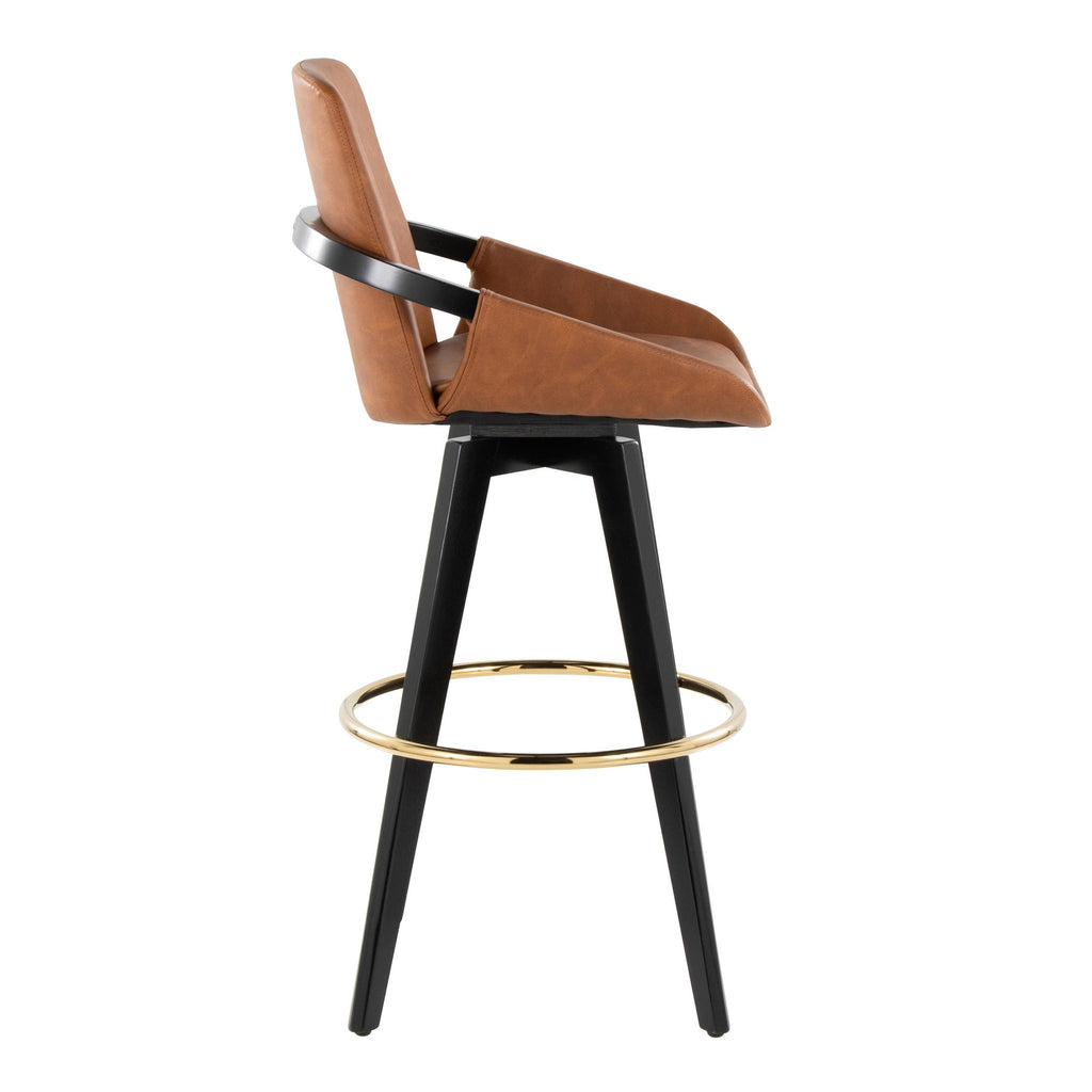 Cosmo 30" Fixed-Height Barstool - Set of 2 - Black Wood, Camel PU, Gold Metal