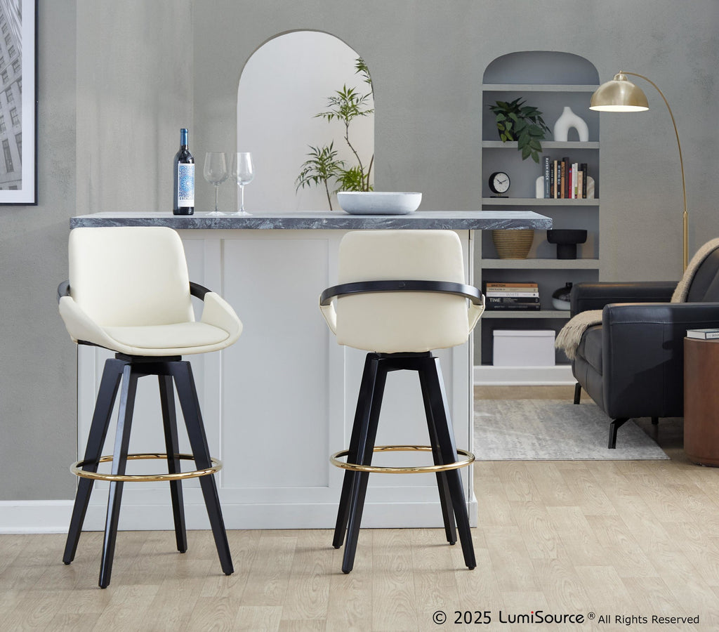 Cosmo 30" Fixed-Height Barstool - Set of 2 - Black Wood, Cream PU, Gold Metal