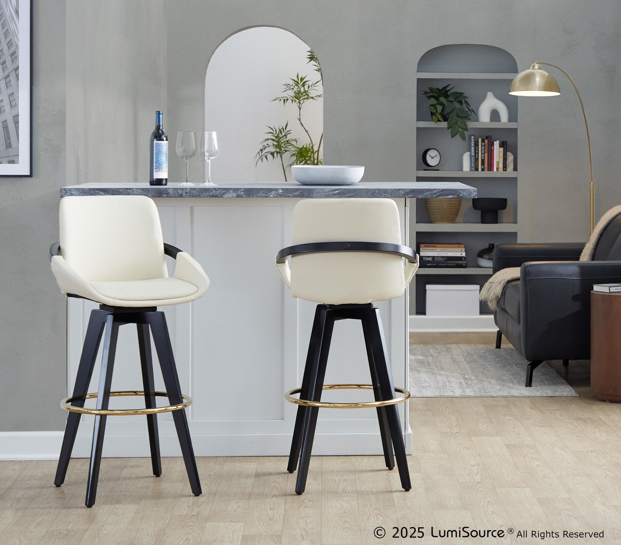Cosmo 30" Fixed-Height Barstool - Set of 2 - Black Wood, Cream PU, Gold Metal