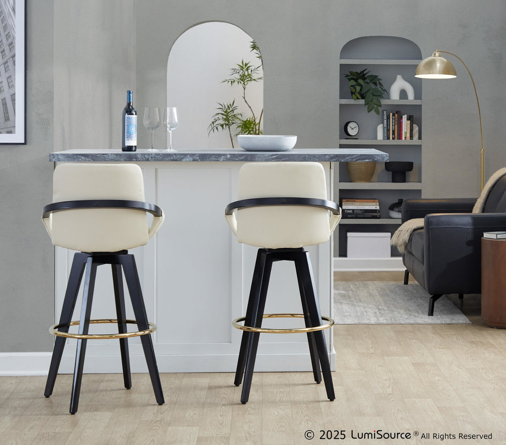 Cosmo 30" Fixed-Height Barstool - Set of 2 - Black Wood, Cream PU, Gold Metal