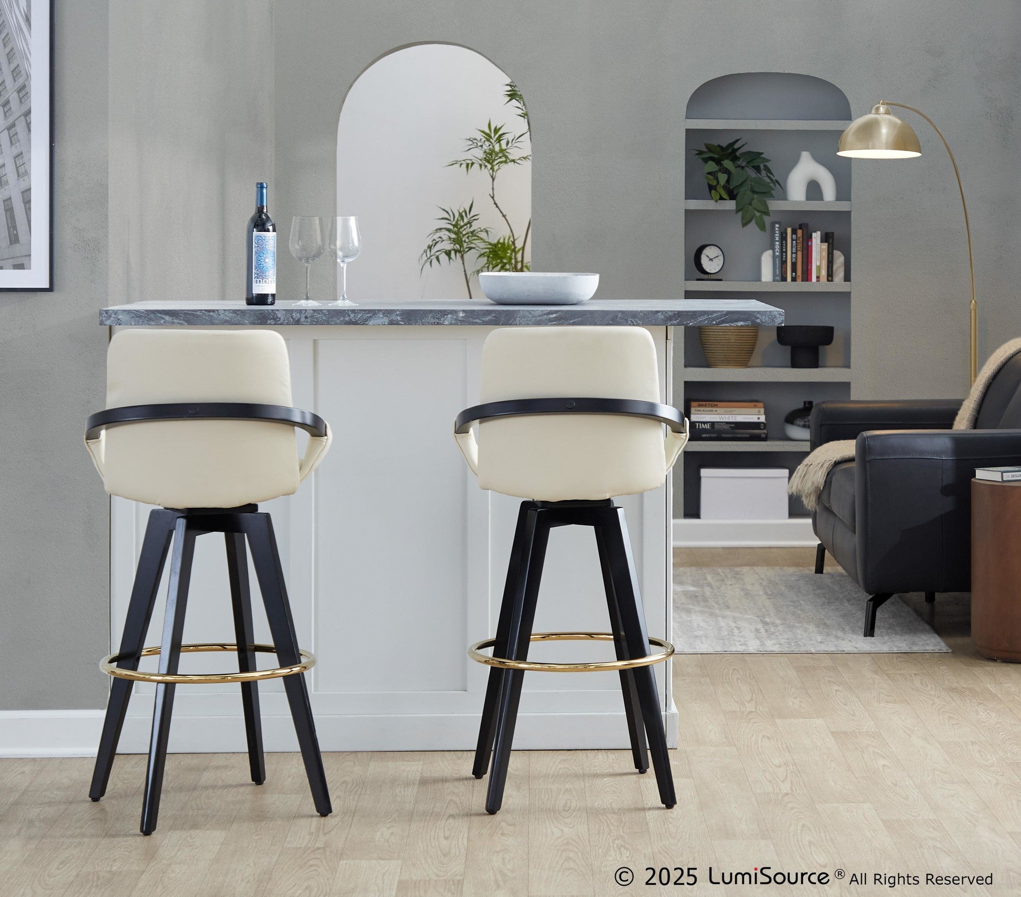 Cosmo 30" Fixed-Height Barstool - Set of 2 - Black Wood, Cream PU, Gold Metal