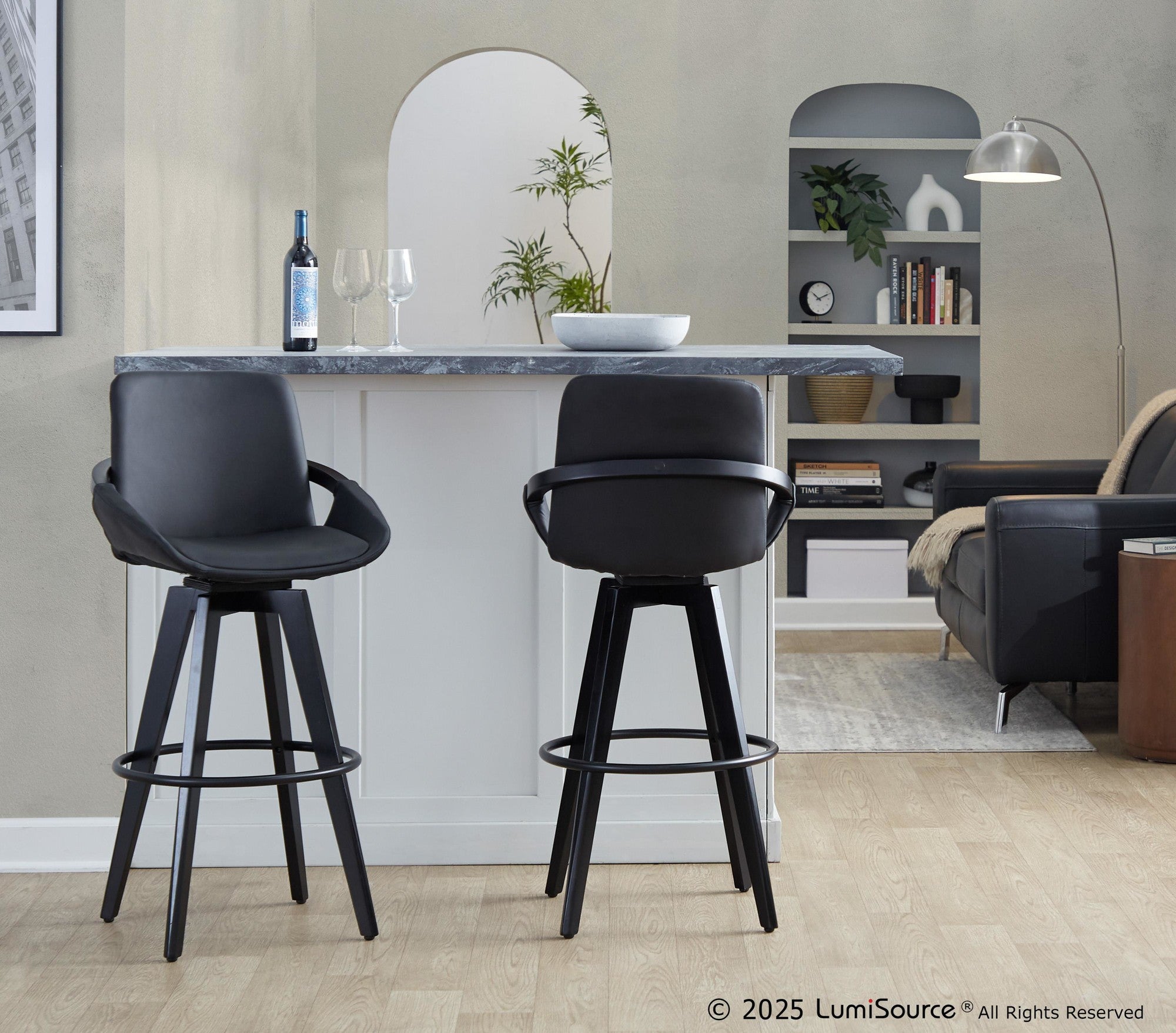 Cosmo 30" Fixed-Height Barstool - Set of 2 - Black Wood, Black PU, Black Metal