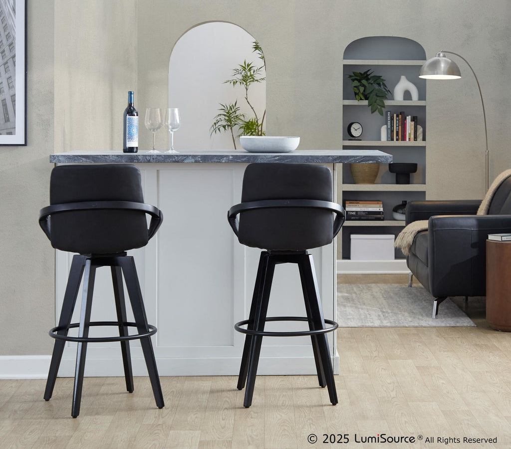 Cosmo 30" Fixed-Height Barstool - Set of 2 - Black Wood, Black PU, Black Metal