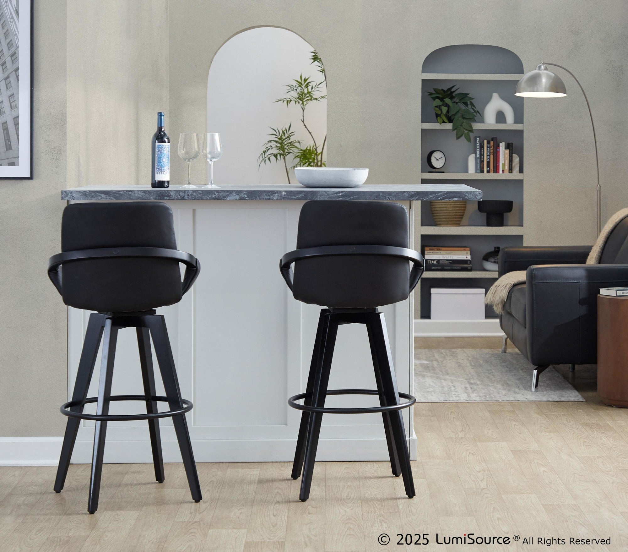 Cosmo 30" Fixed-Height Barstool - Set of 2 - Black Wood, Black PU, Black Metal
