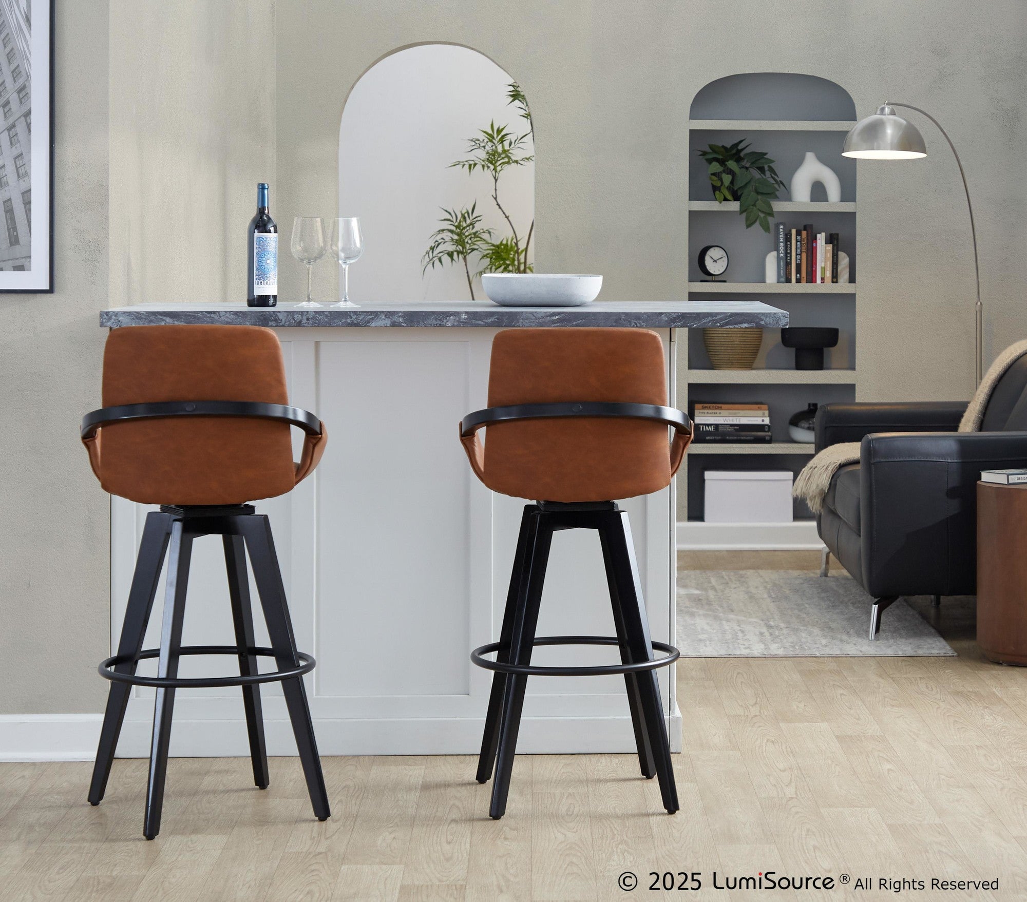 Cosmo 30" Fixed-Height Barstool - Set of 2 - Black Wood, Camel PU, Black Metal
