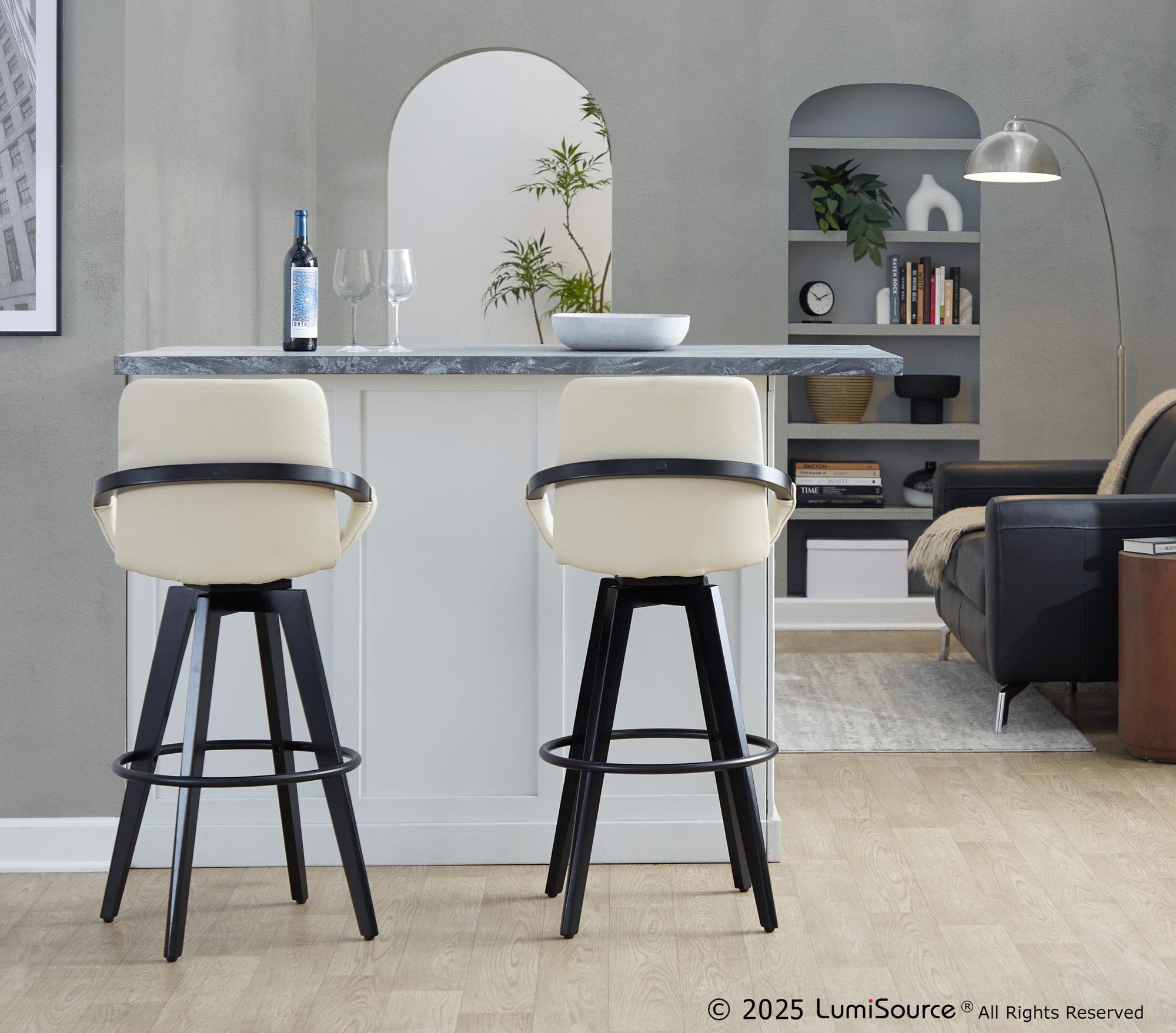 Cosmo 30" Fixed-Height Barstool - Set of 2 - Black Wood, Cream PU, Black Metal